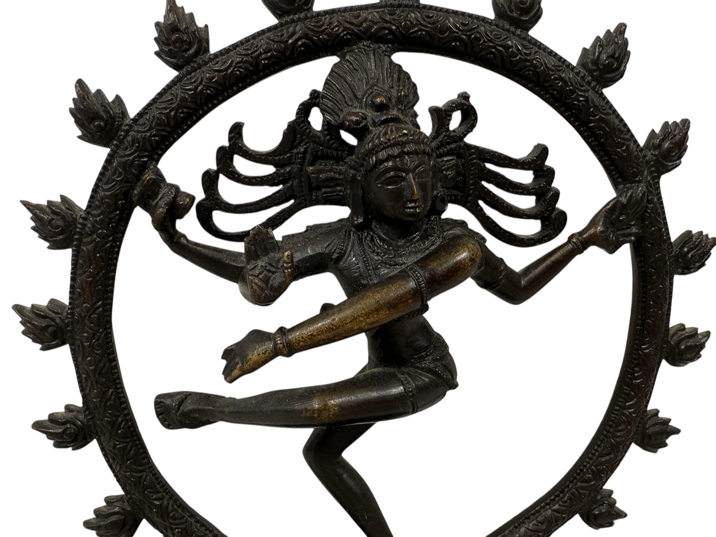 Indian Shiva Nataraja brass statue with cosmic ring of flames. Vintage devotional décor for altar, yoga or meditation spaces. Late 20th century. India.