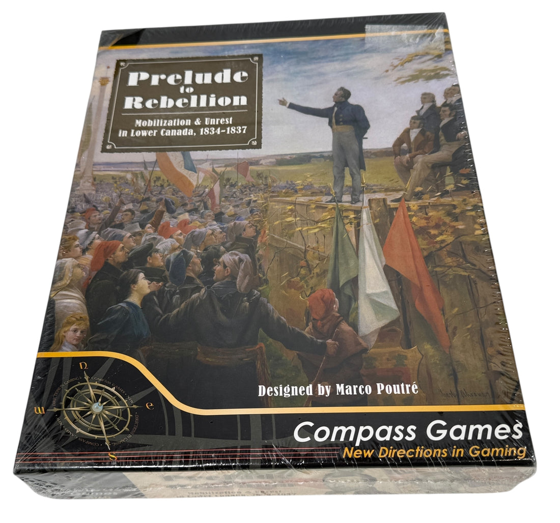 Sealed Prelude to Rebellion board game by Compass Games. Historical 2-player CDG on Lower Canada’s Patriote unrest. Collector condition. Ships from Montreal.