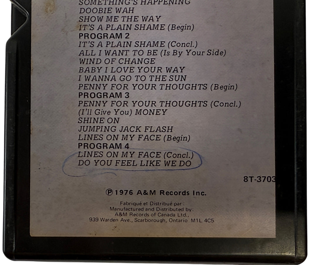 Vintage 1976 Peter Frampton Frampton Comes Alive 8-track tape A&M Records Canadian pressing with sleeve. Collectible classic rock format for enthusiasts.