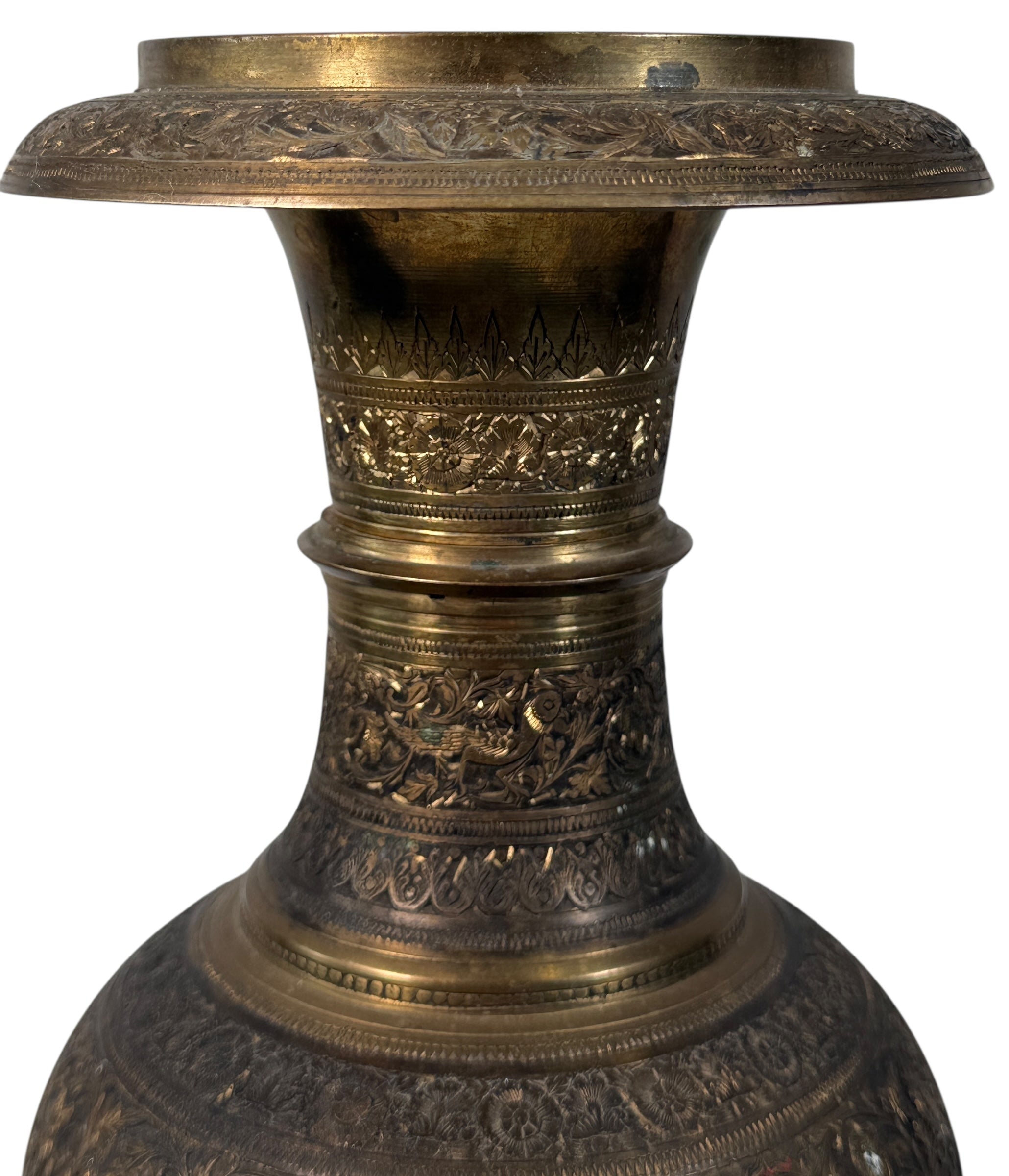 Vintage Indian brass vase with hand-chased bird and floral motifs, 16.5" tall. Mid-century décor with patina. Ships worldwide from Montreal.