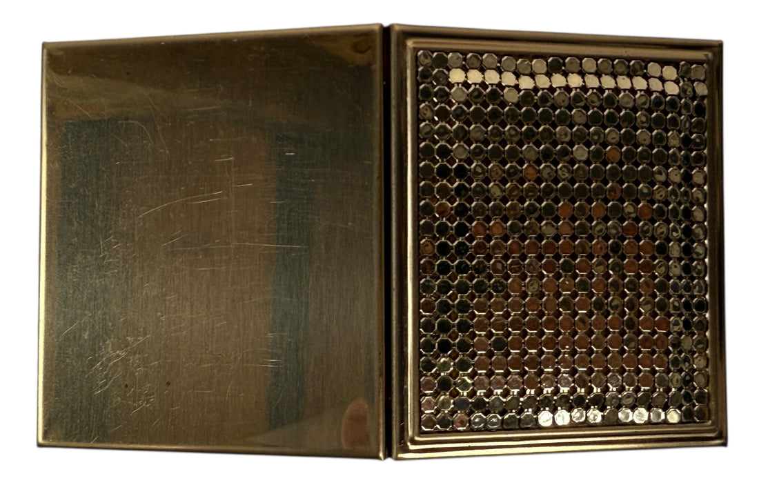 Vintage Whiting &amp; Davis gold-tone mesh double picture frame with original box. Mid-century display piece for vanity or desk. Collectible and giftable.