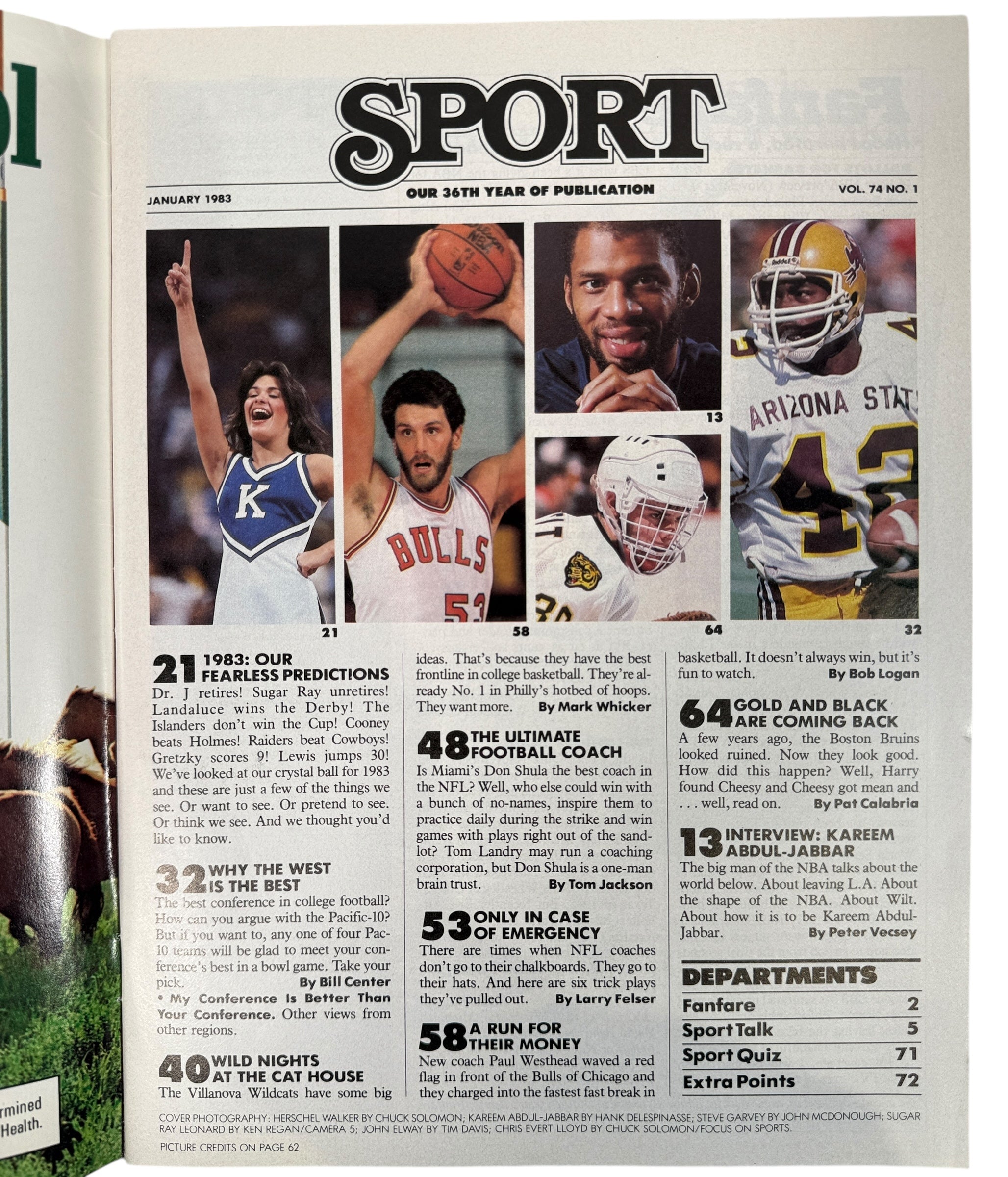 1983 Sport magazine featuring Herschel Walker, Kareem Abdul-Jabbar, Steve Garvey, Chrissie Evert and Sugar Ray Leonard. USFL and boxing era collectible.