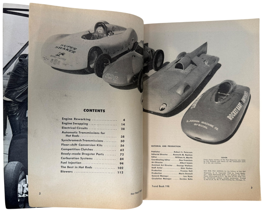 Vintage 1961 Hot Rod Annual Trend Book 198 with drag racing tech, engine tips, and competition car features. Collectible for hot rod and automotive culture fans.