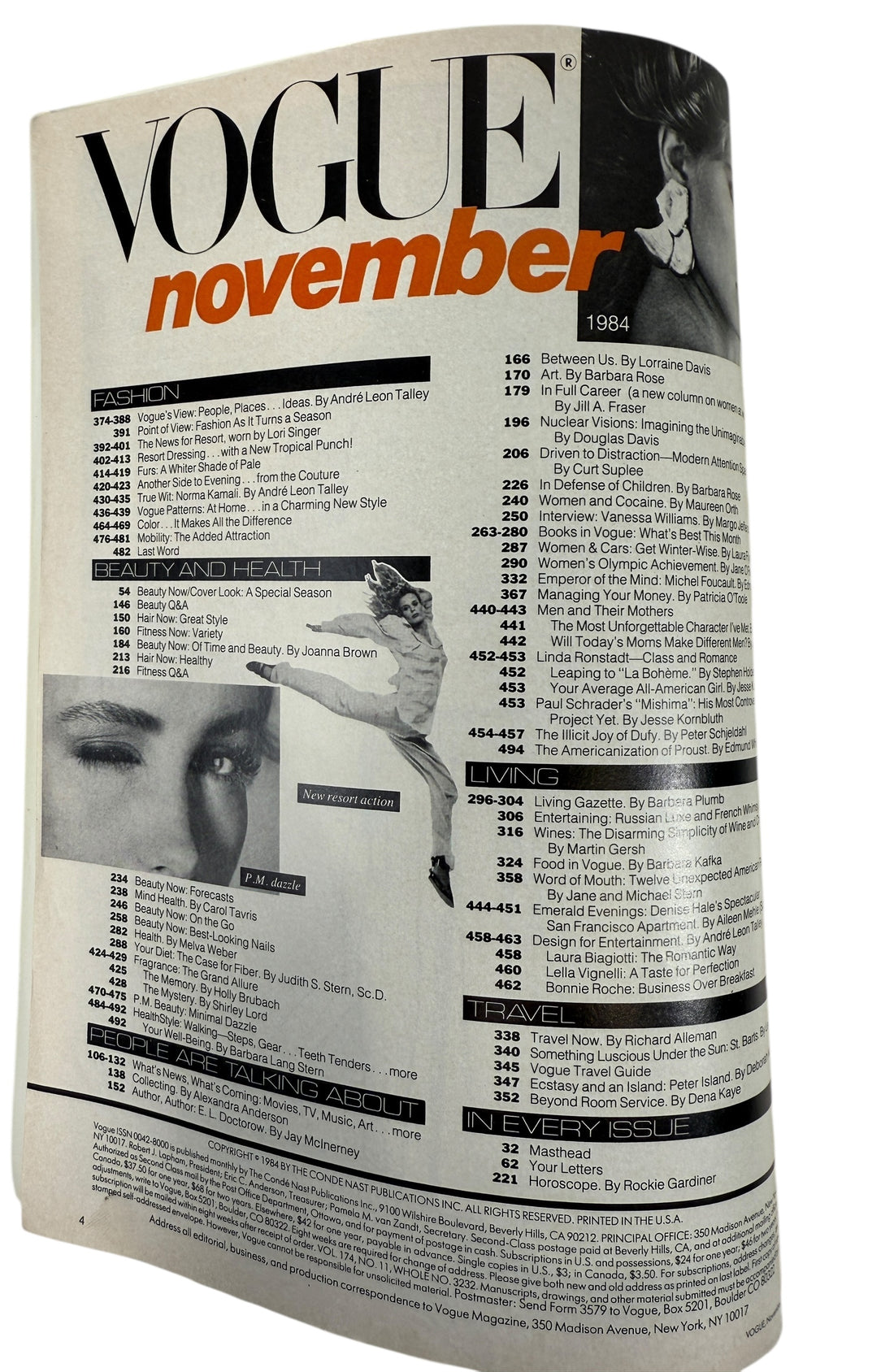 Vintage Vogue November 1984 with Alexa Singer plus 80s fashion, beauty and culture. Collectible Condé Nast archive magazine in VG condition.