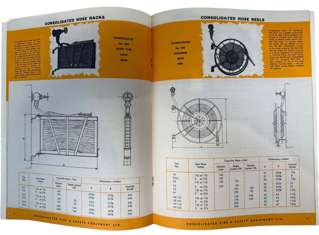 Mid-century Consolidated fire protection catalogue with hose cabinets, CO2 systems and extinguishers. Industrial Canadian ephemera for collectors and design.