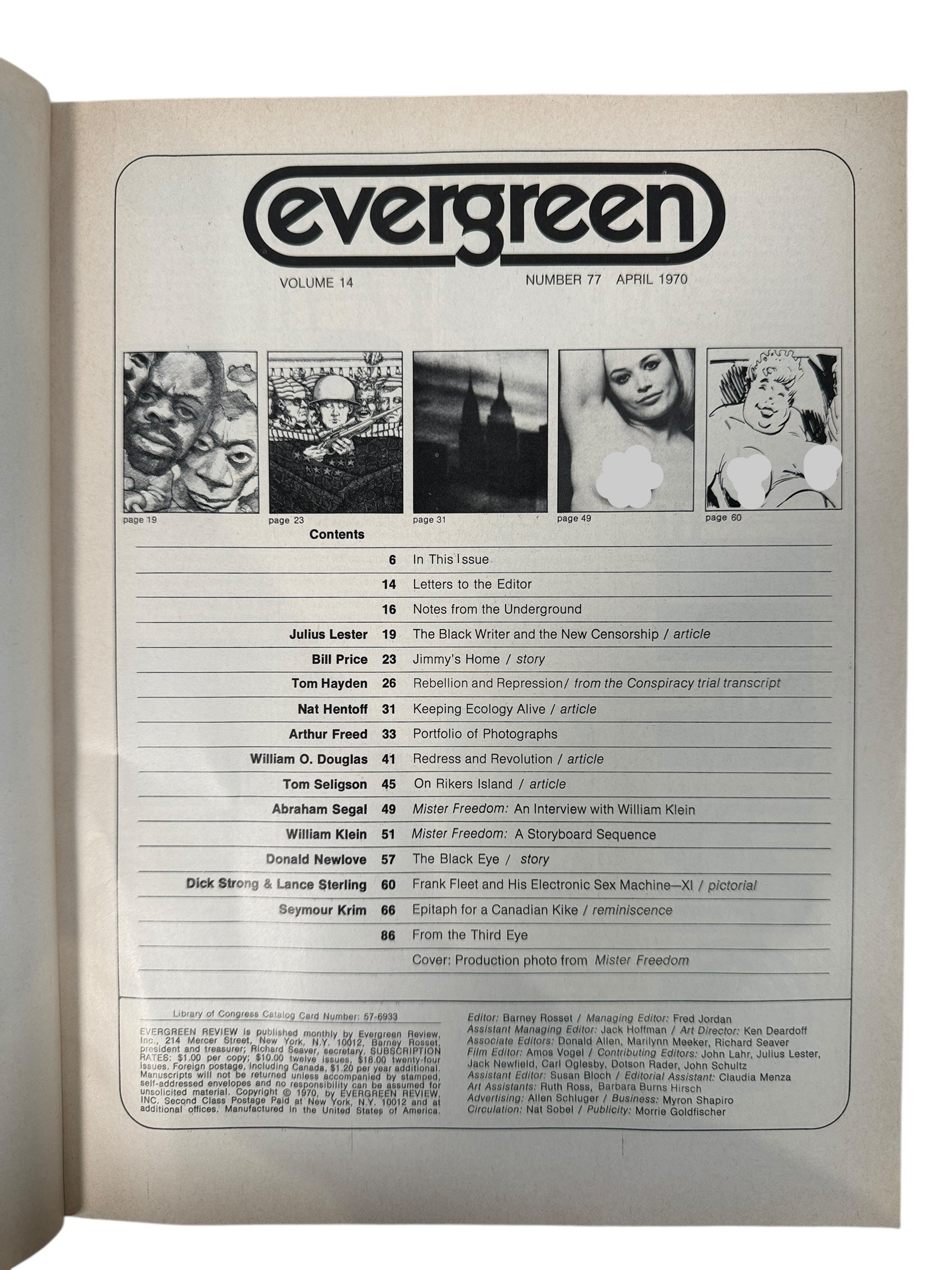 Evergreen Review April 1970 featuring Mister Freedom cover. Radical literature and counterculture film issue in VG condition. Collectible 1970 Evergreen magazine.