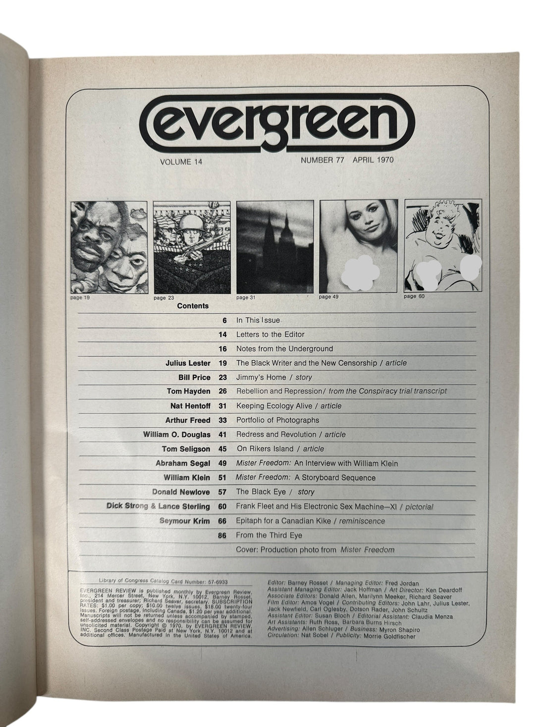 Evergreen Review April 1970 featuring Mister Freedom cover. Radical literature and counterculture film issue in VG condition. Collectible 1970 Evergreen magazine.