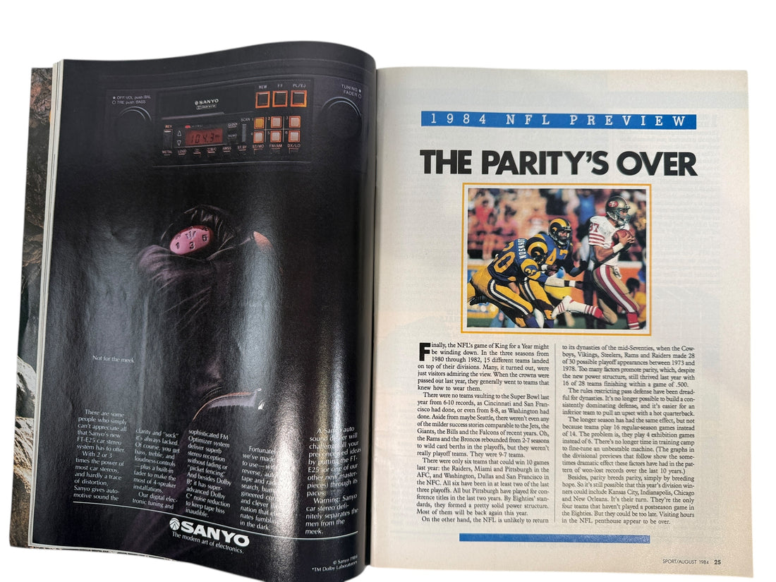 Vintage August 1984 SPORT magazine featuring Eric Dickerson and full NFL season preview with Carl Lewis interview. Clean collectible sports magazine issue.