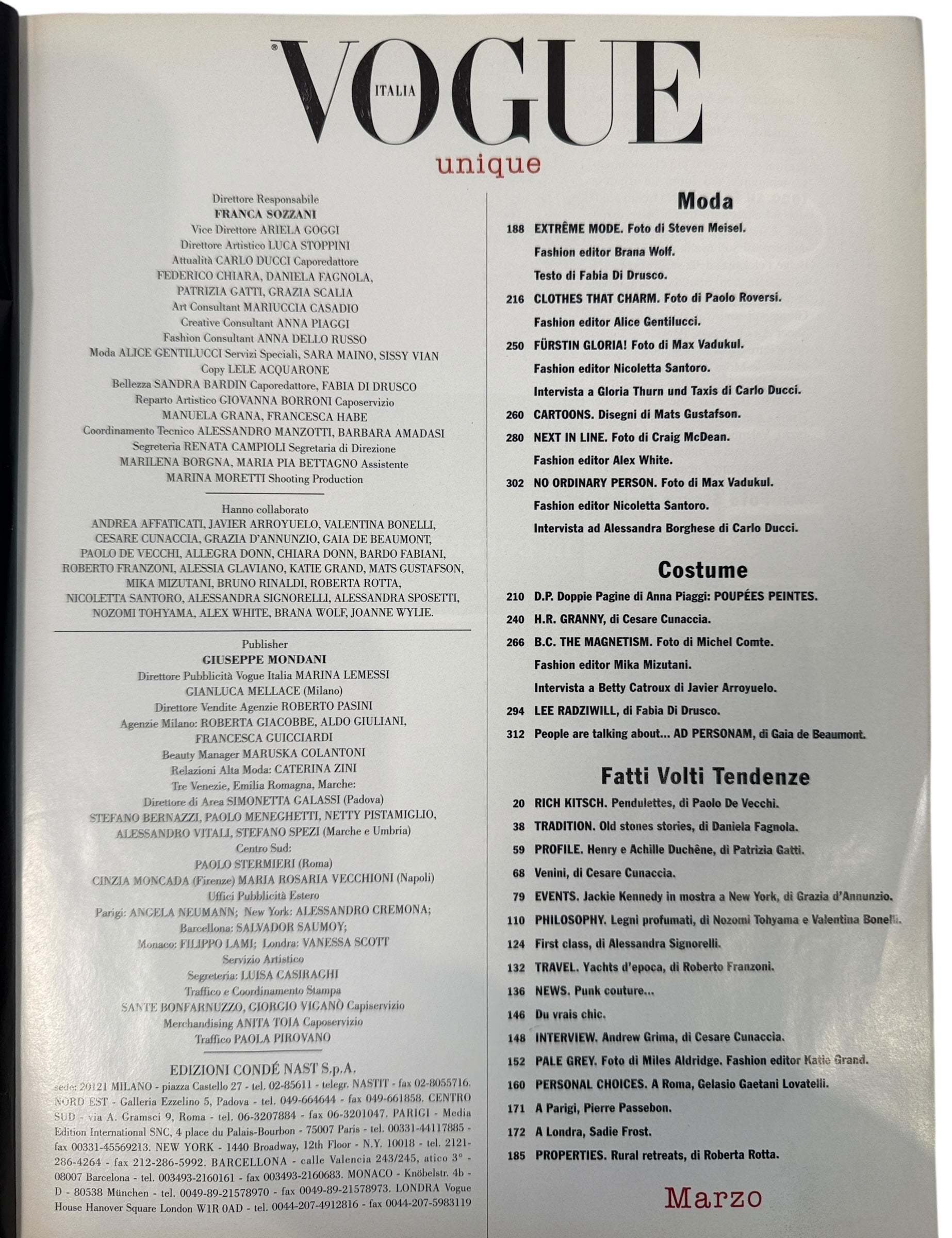 Vogue Italia Unique March 2001 supplement featuring Magnificent Excess with Steven Meisel and Franca Sozzani era editorials. Collectible fashion issue.