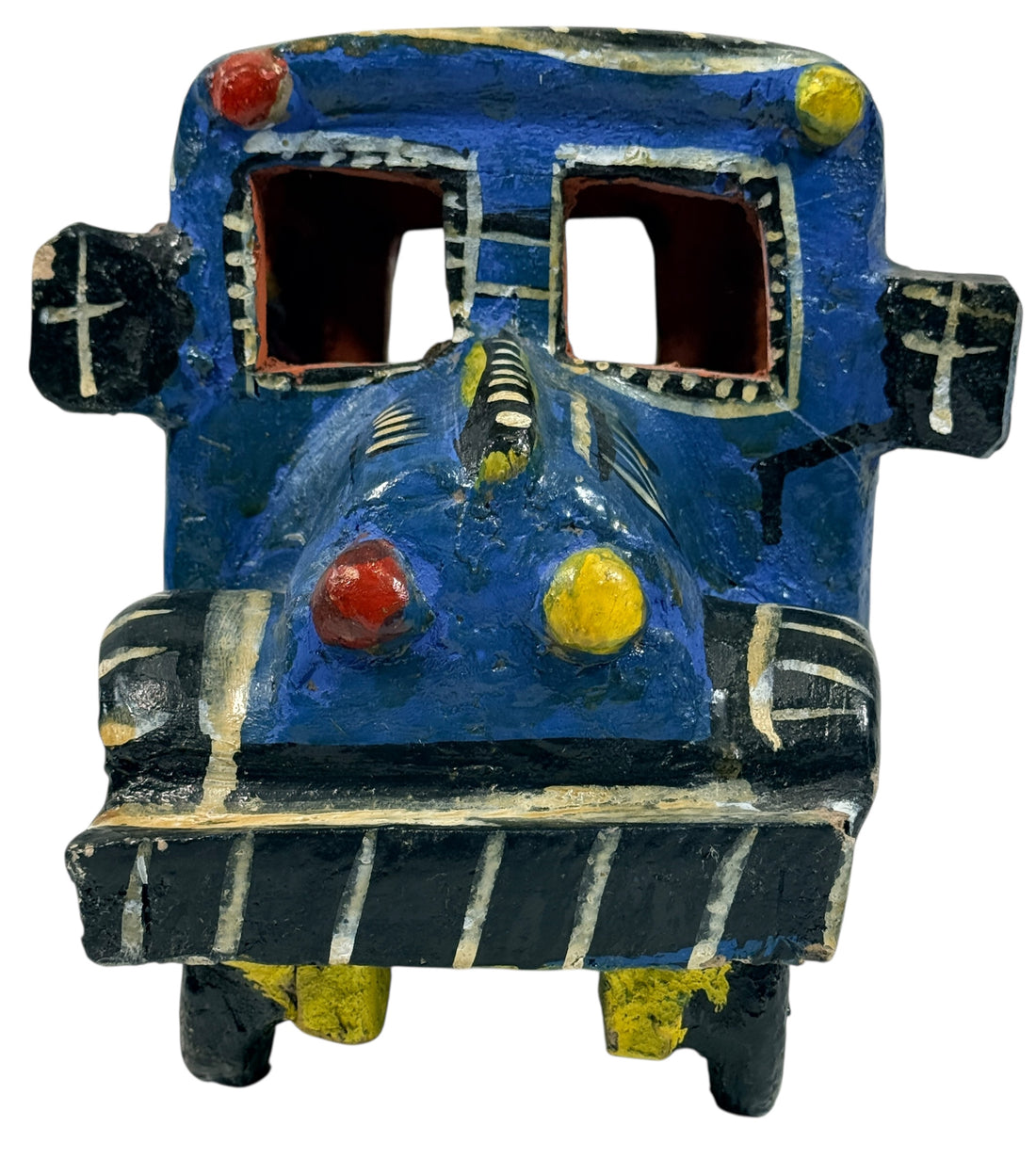 Vintage Mexican papier-mâché colectivo bus sculpture with hand-modeled interior figures. Folk art narrative piece with bold color and strong display presence.