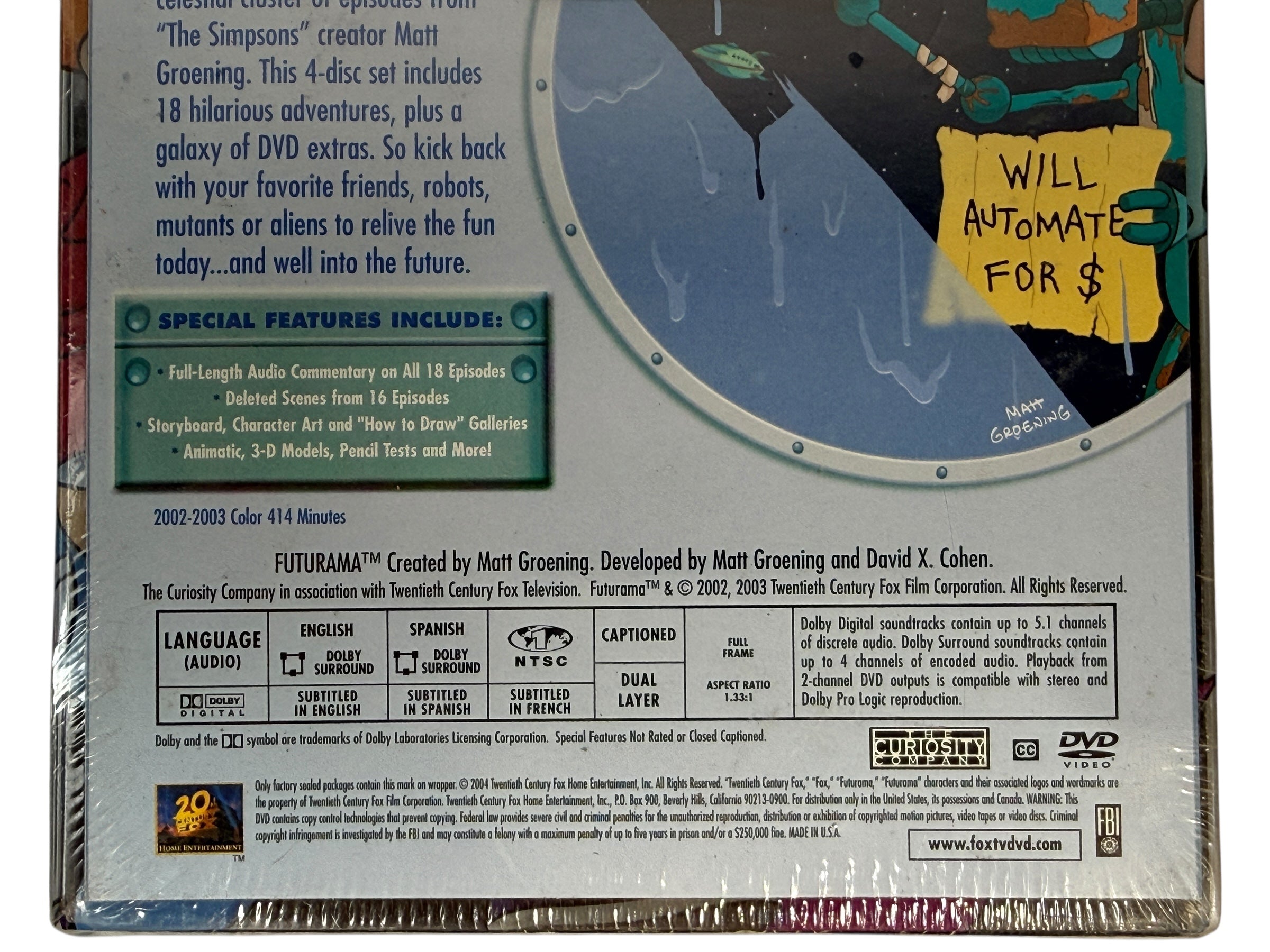 Sealed Futurama Volume 4 4-disc DVD with commentary, deleted scenes and extras. Region 1 NTSC 2002-2003 episodes. Collectible animation media sealed.