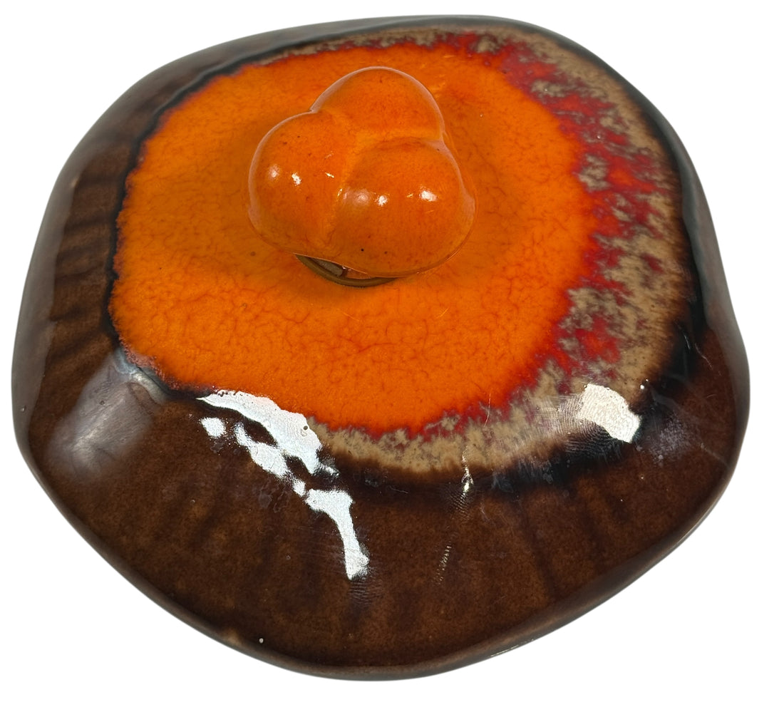 Pot à champignons vintage des années 1970 – Pot en céramique de 24 cm – Glaçure orange et marron effet lave