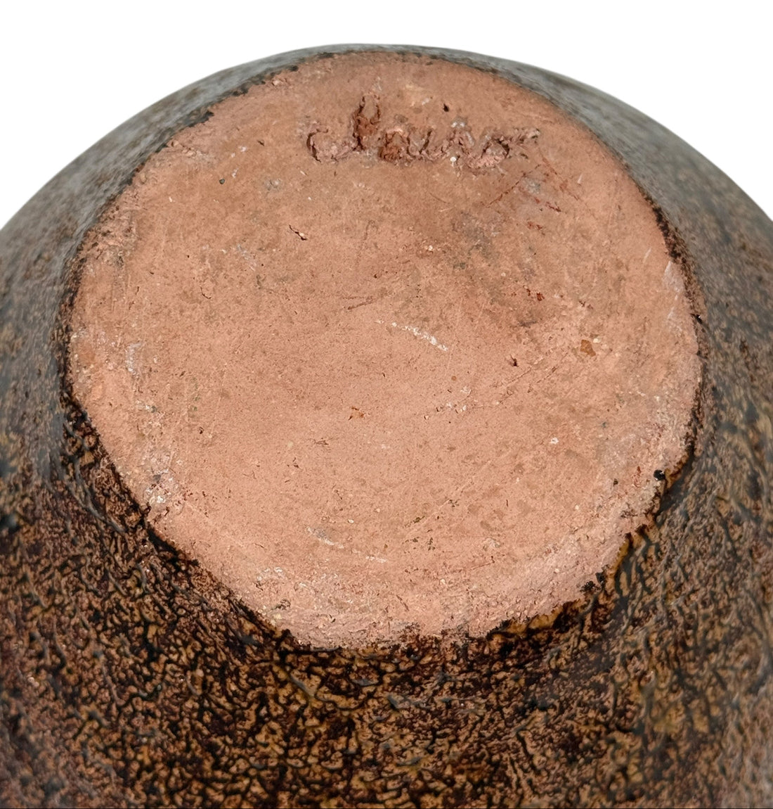 Vintage Canadian Studio Pottery Vase – Signed Claire, Textured Brown with Red Drip Glaze