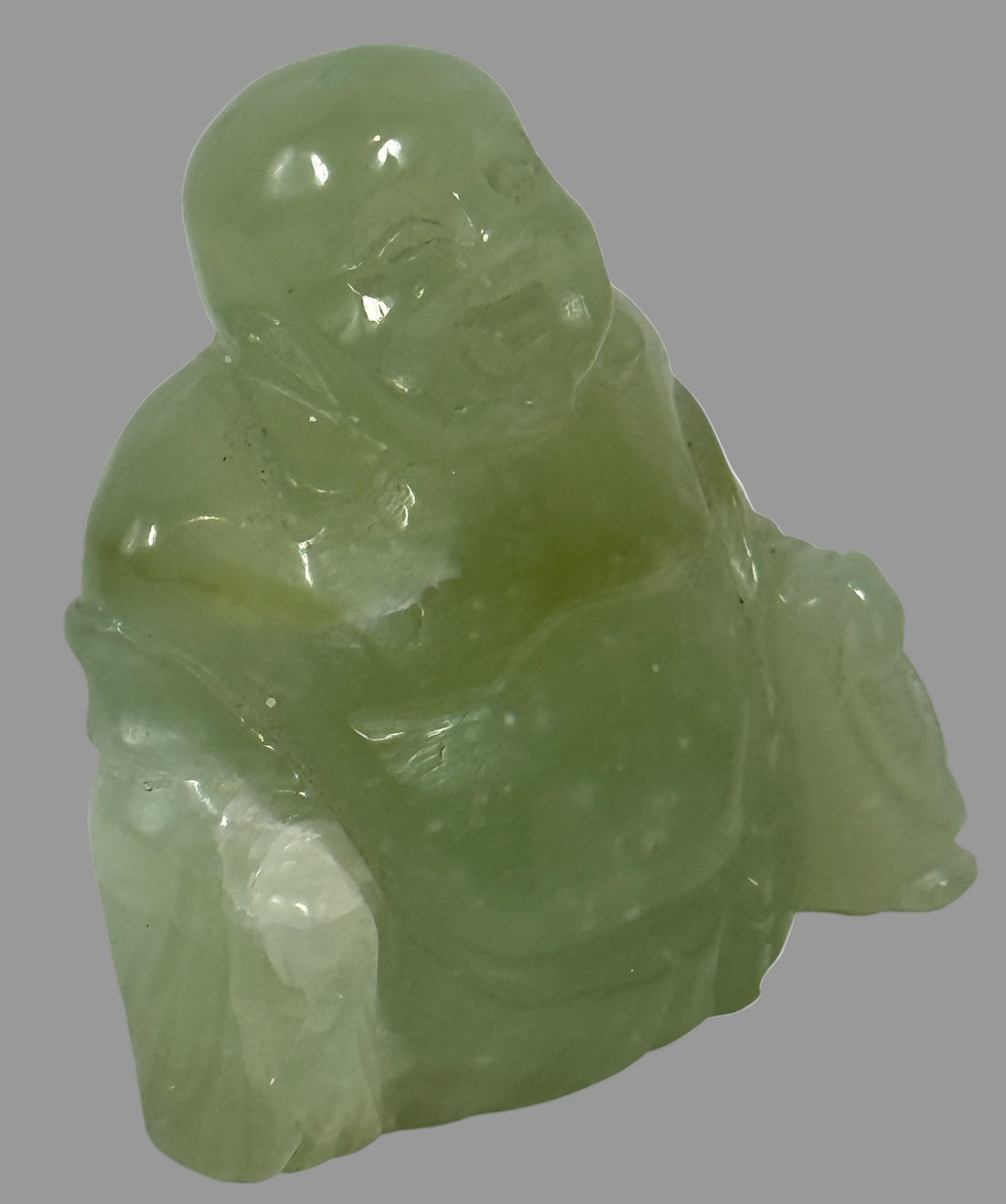 Figurine de Bouddha rieur vintage en pierre verte sculptée – Minéral froid au toucher – Probablement de la néphrite ou de la stéatite
