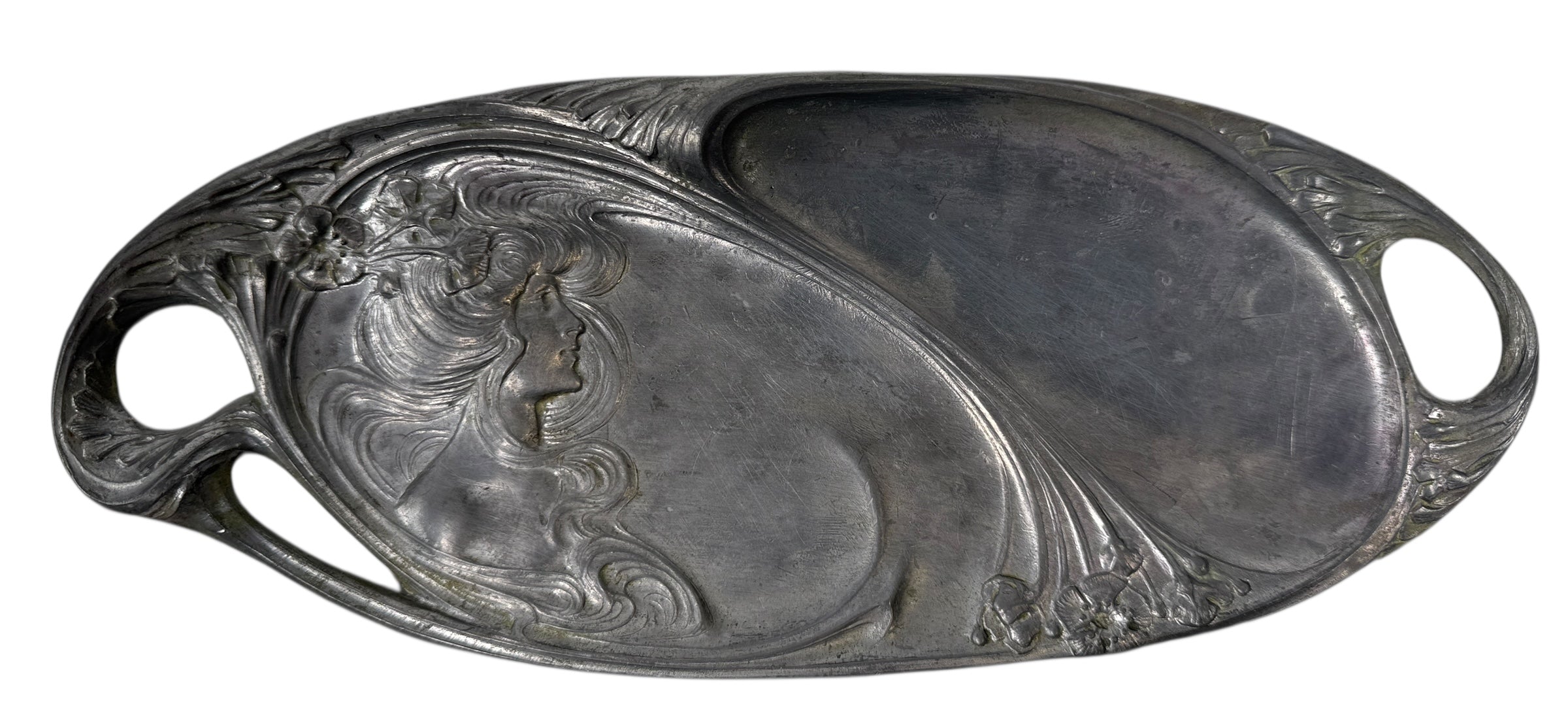 French Art Nouveau Vanity Tray “Lady with Lilies” – Fabrication Française Paris, c.1900