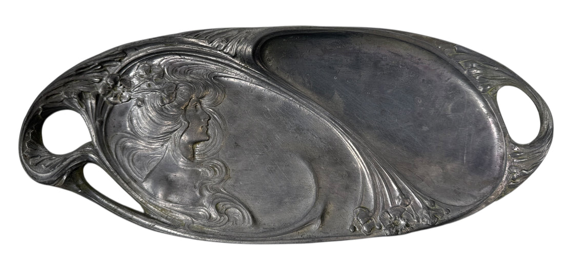 French Art Nouveau Vanity Tray “Lady with Lilies” – Fabrication Française Paris, c.1900