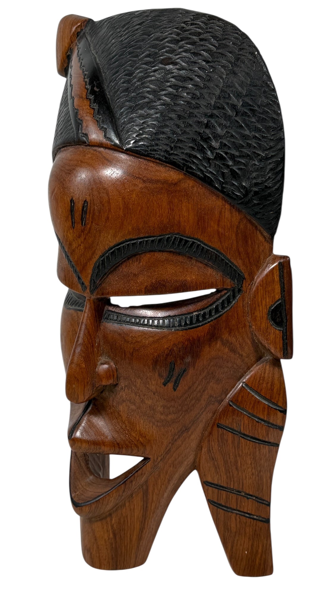 Hand-carved African wooden mask, 15″ tall, Ghana origin. Authentic tribal-style folk art wall décor. Excellent condition, solid wood.