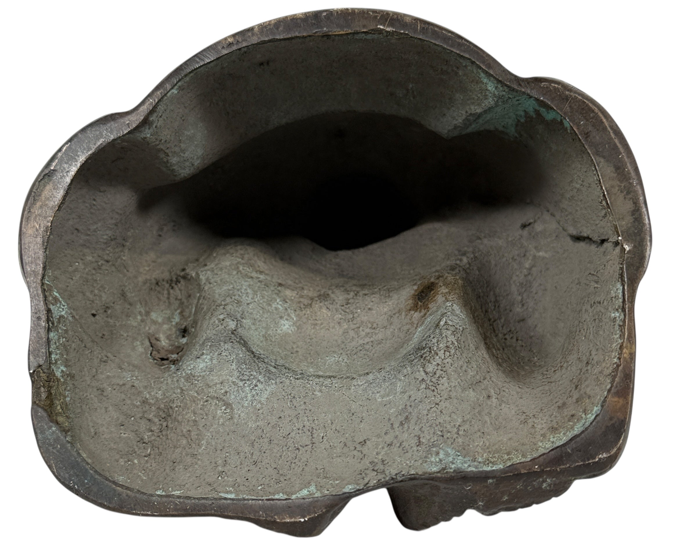 Bronze sculpture of a reclining figure on a white background