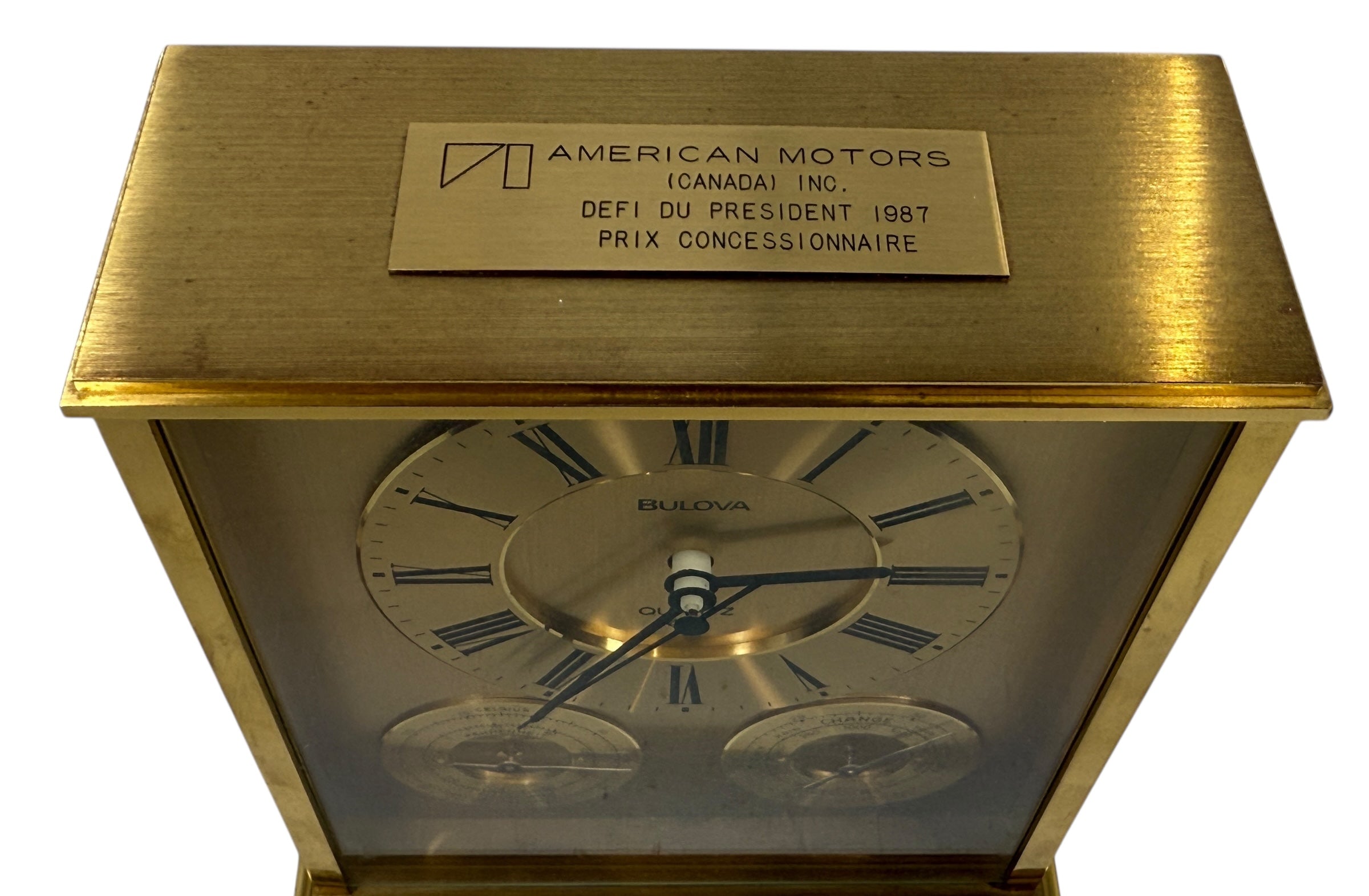  Bulova Brass Quartz Desk Clock with Thermometer & Barometer 