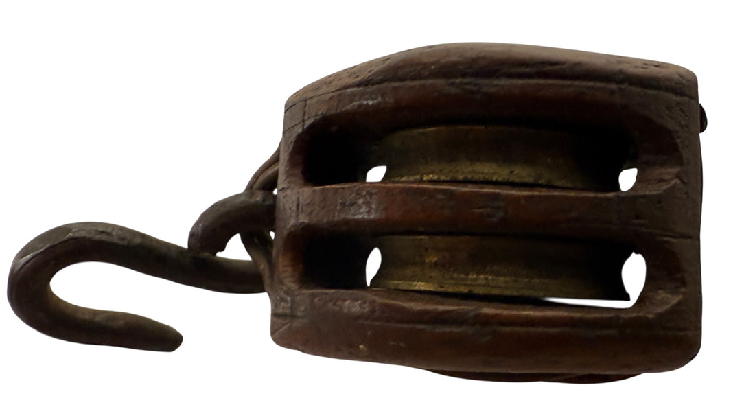  Miniature Wooden Pulley with Brass Wheels & Iron Hook – 1” 