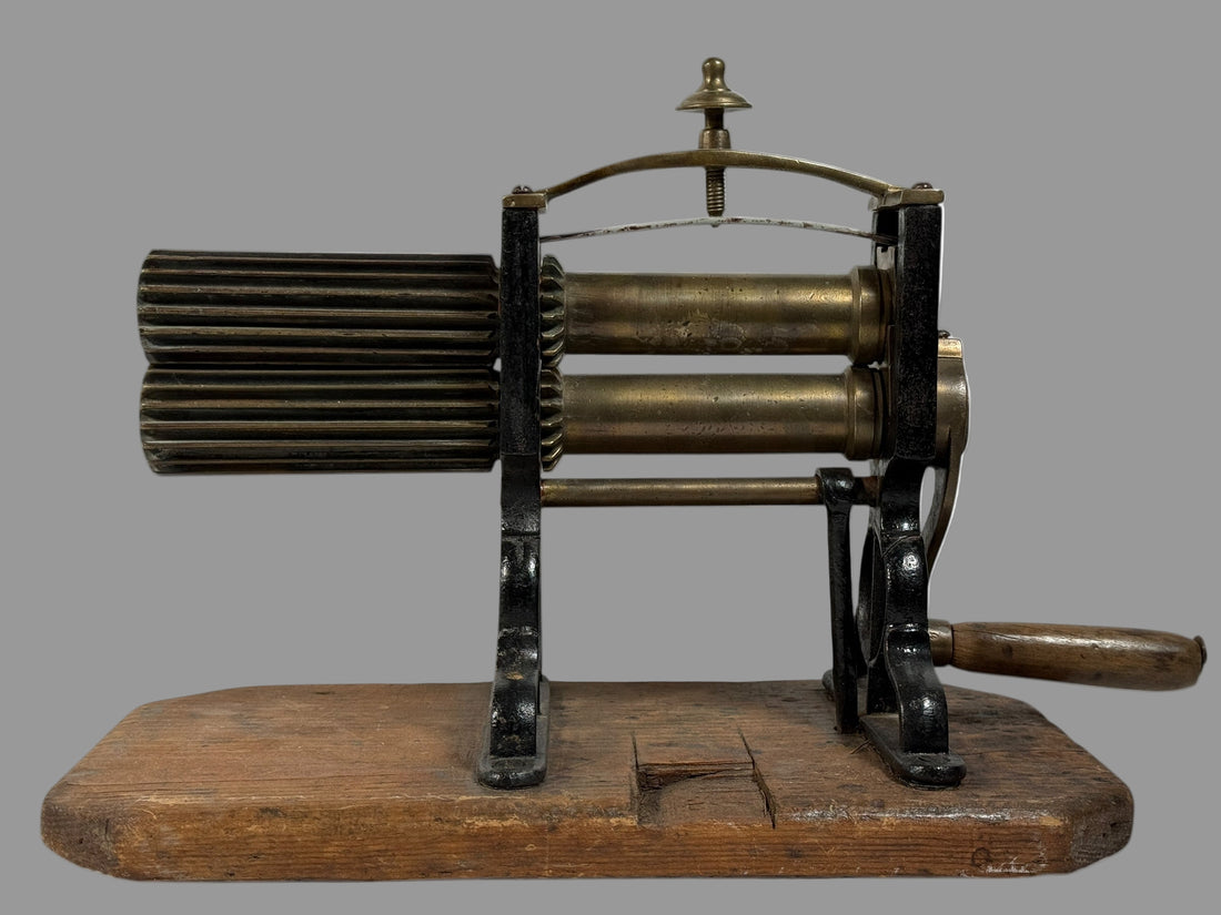 Antique 19th-century brass &amp; iron fluting iron pleater with wood base. Beautiful Victorian textile tool—collector’s décor from Eco Depot Montreal.