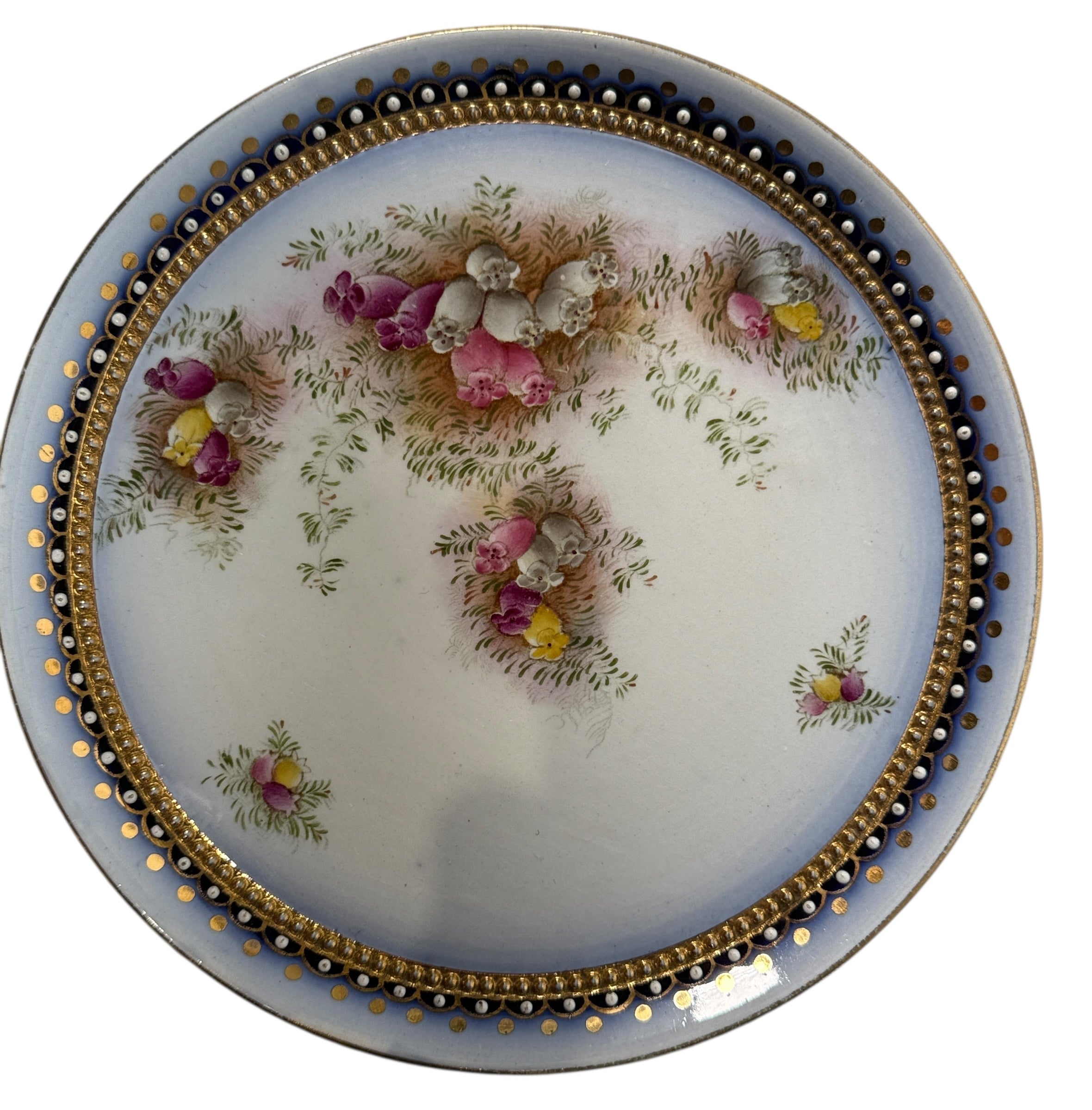 Antique W&amp;R Carlton Ware tea set RN 488460 – hand-painted cobalt floral gilt trio, Stoke-on-Trent England, 1910–1925, genuine silver-lined teapot.