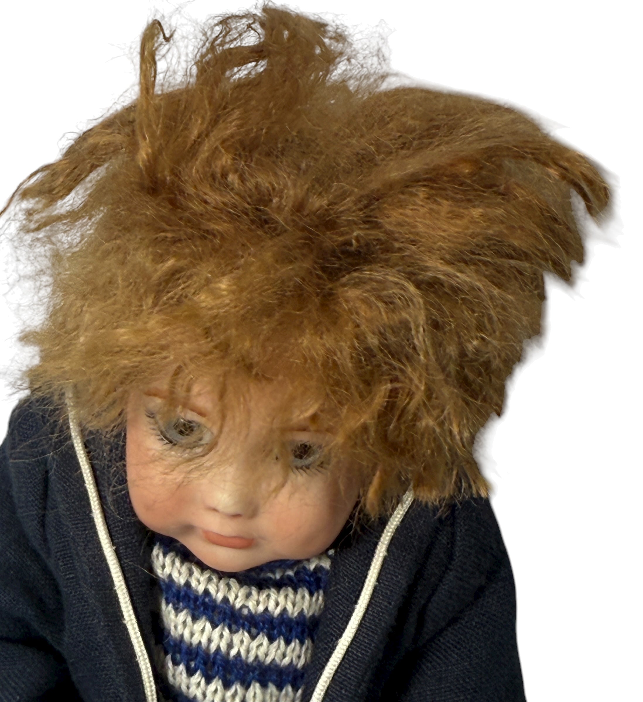 Antique bisque sailor boy doll marked “JLC”, 12″ tall, hand-knit outfit. Early 20th-century European collectible in very good condition – Eco Depot Montreal.