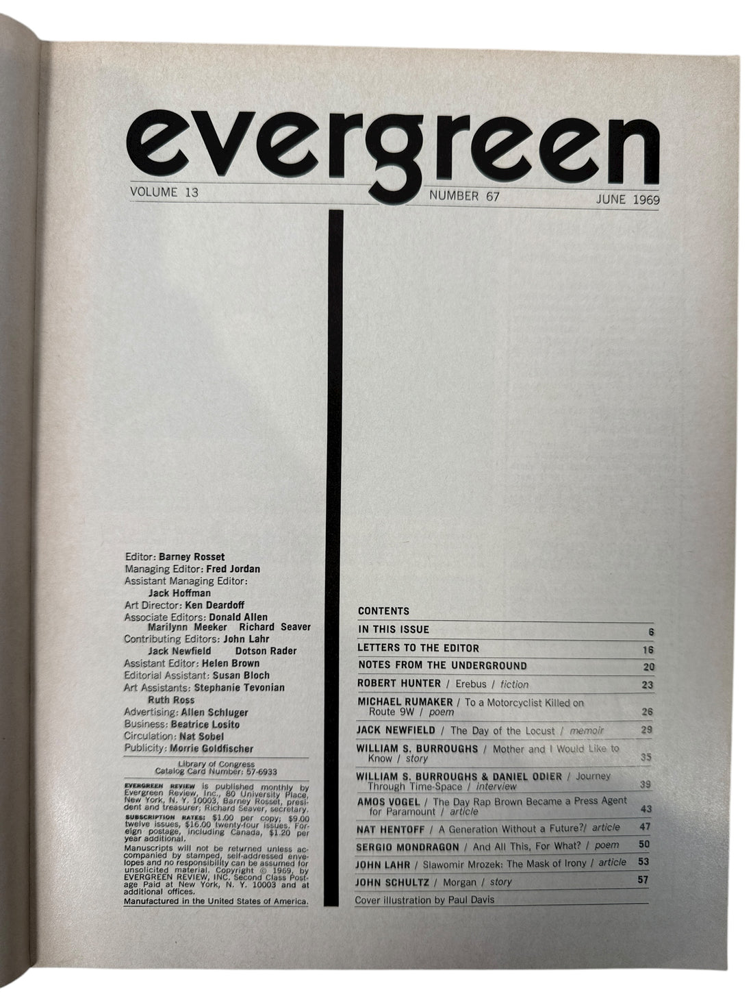 1969 Evergreen Review magazine featuring Robert F. Kennedy cover by Paul Davis. Classic counterculture issue with Burroughs, Hentoff &amp; Lahr.