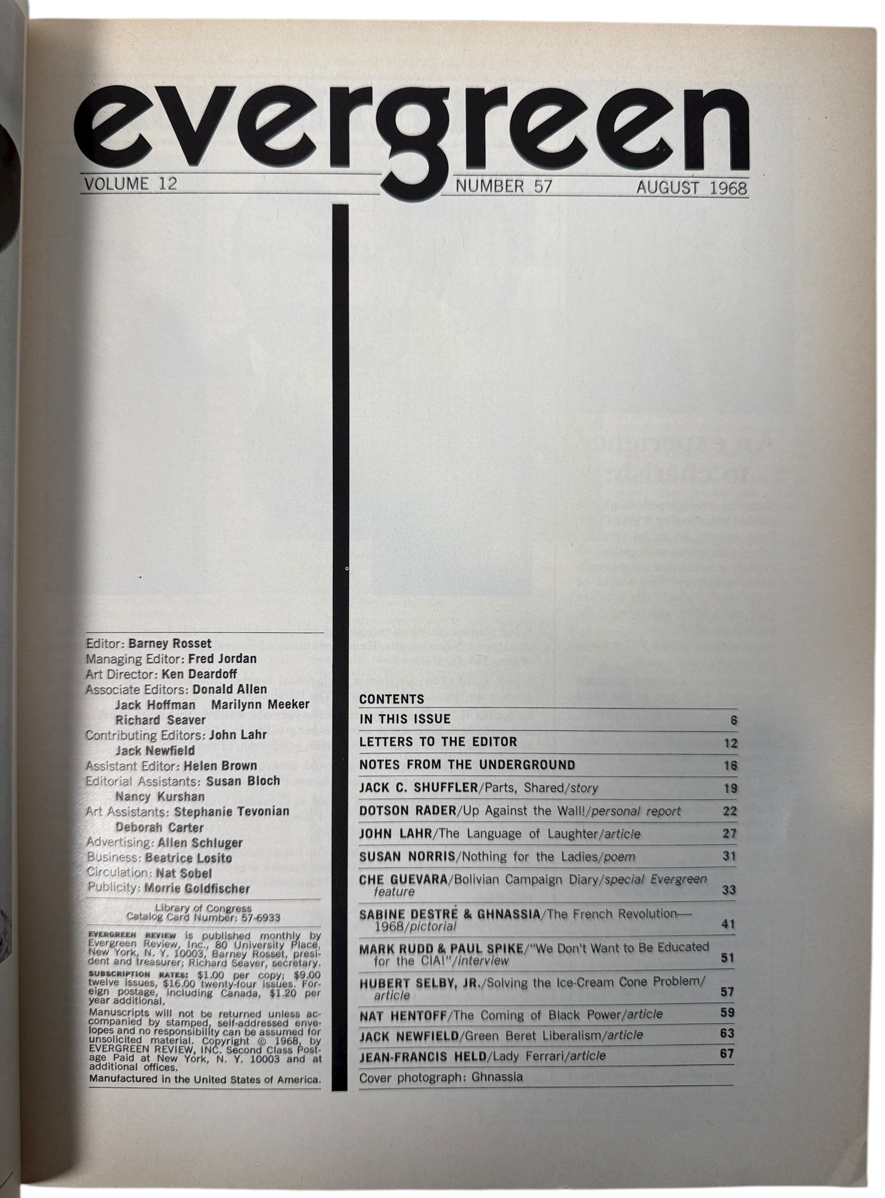 Evergreen Review No. 57, Aug 1968 — featuring Che Guevara’s Bolivian Guerrilla Diary. Classic Grove Press counterculture magazine in VG condition.