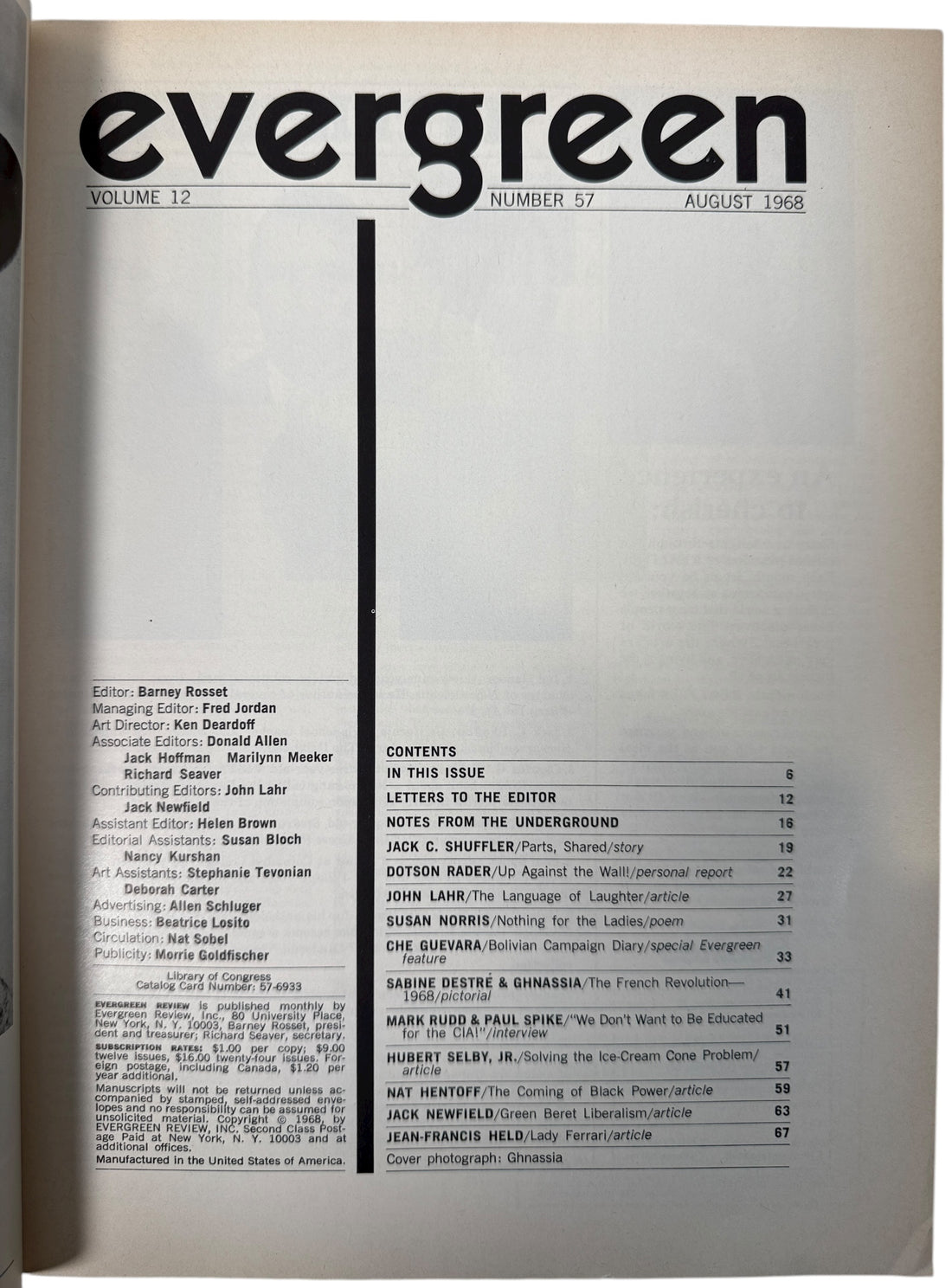 Evergreen Review No. 57, Aug 1968 — featuring Che Guevara’s Bolivian Guerrilla Diary. Classic Grove Press counterculture magazine in VG condition.