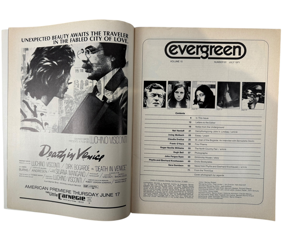 July 1971 Evergreen Review #91 – Bernadette Devlin interview, Frank O’Hara poems, Nat Hentoff essay, and erotic art by the Kronhausens.