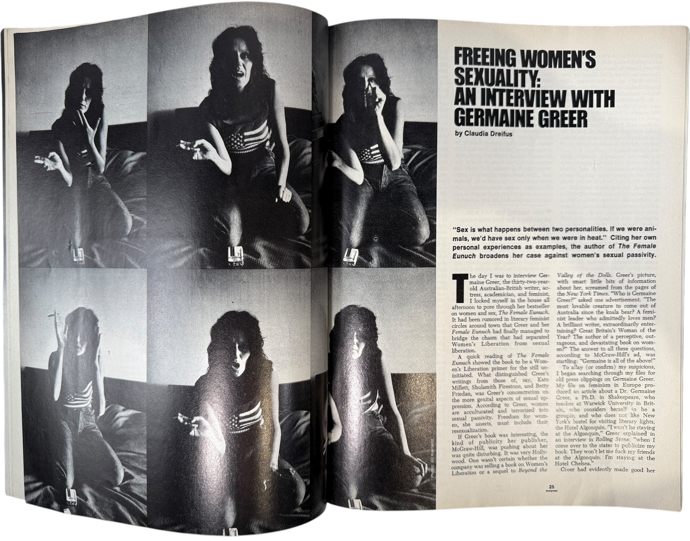 Evergreen Review No. 93 (Oct 1971) with Germaine Greer interview and My Lai feature. Vintage Grove Press issue in good condition, key 1970s feminist collectible.