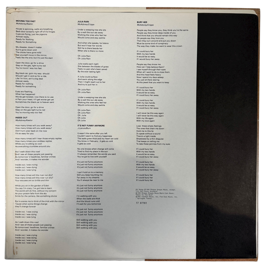 1989 Canadian LP Red Earth by Crash Vegas on Risqué Disque/WEA. VG+ vinyl, lyric sleeve included. Rare folk-rock pressing from late-’80s Canada.