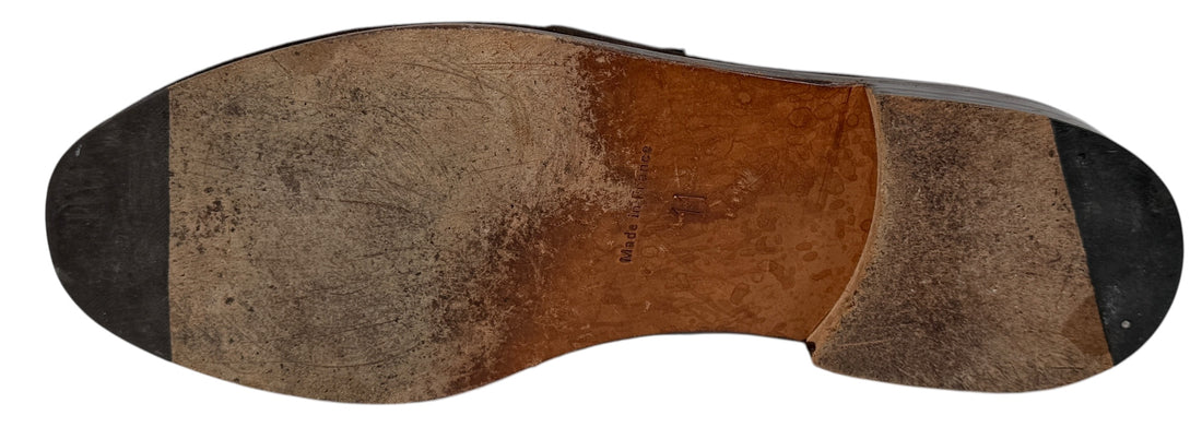 Vintage Joseph Malinge brown suede loafers, handmade in France. Elegant European craftsmanship in excellent condition, available from Eco Depot Montreal.