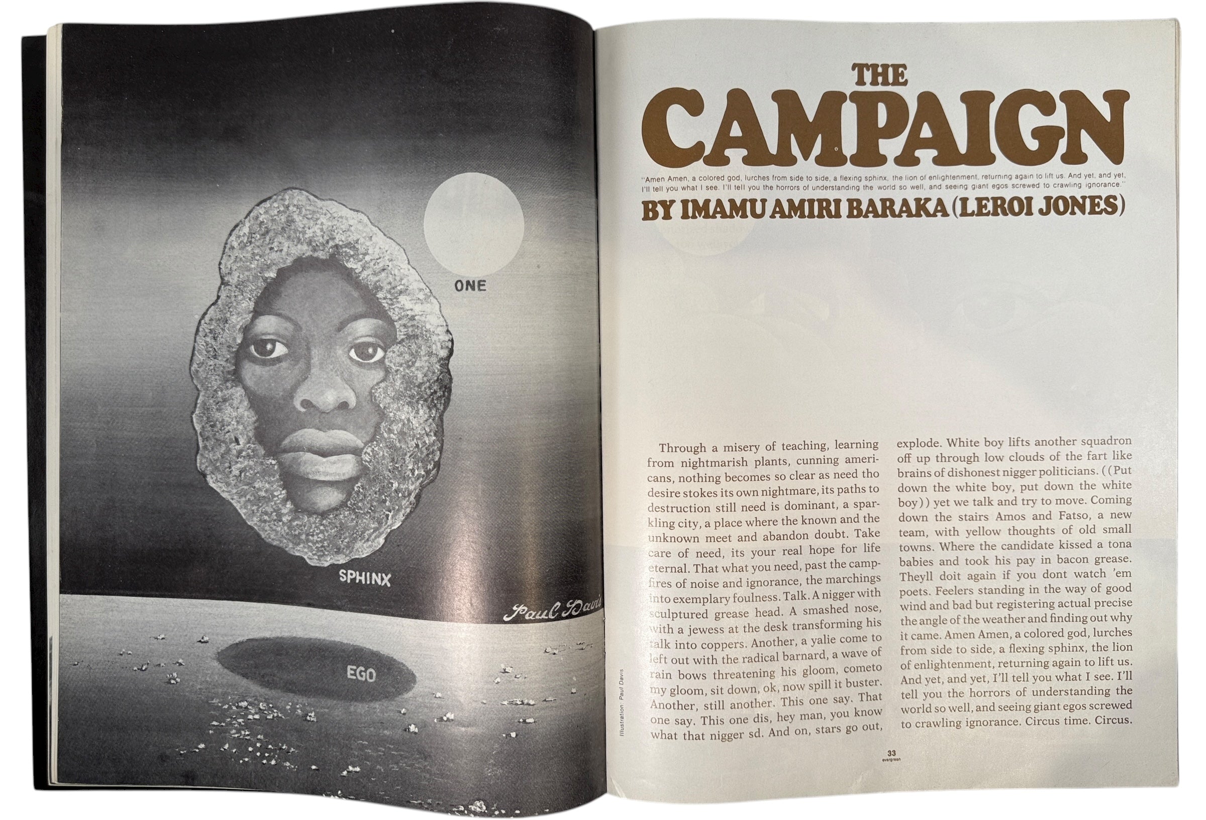 Evergreen Review No. 87, Feb 1971 – Lane Pederson cover with works by Amiri Baraka, Mike Royko &amp; others. Classic avant-garde literary magazine.