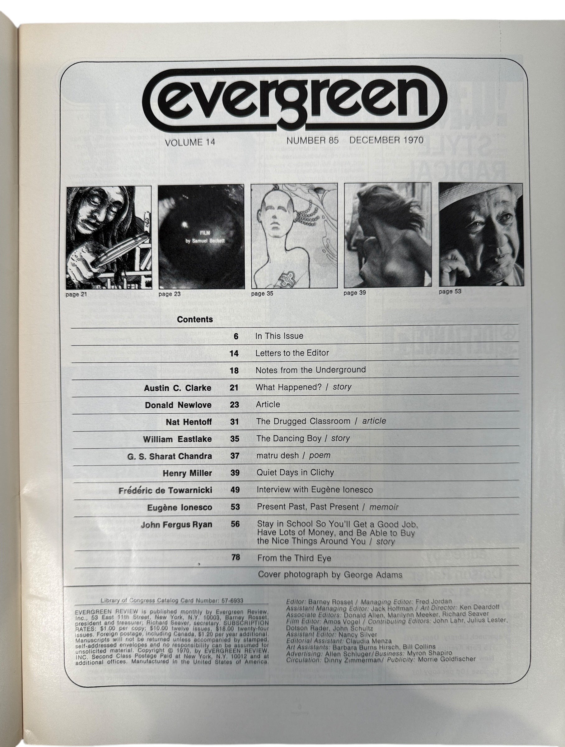 Evergreen Review December 1970 Issue #85 featuring Henry Miller, Eugène Ionesco &amp; Austin C. Clarke with a striking George Adams cover photo