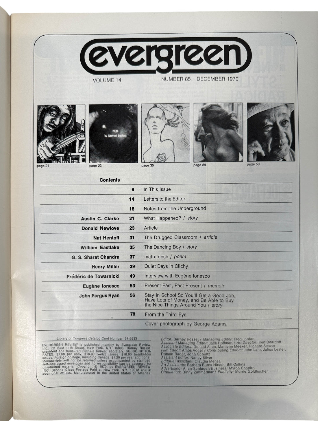 Evergreen Review December 1970 Issue #85 featuring Henry Miller, Eugène Ionesco &amp; Austin C. Clarke with a striking George Adams cover photo