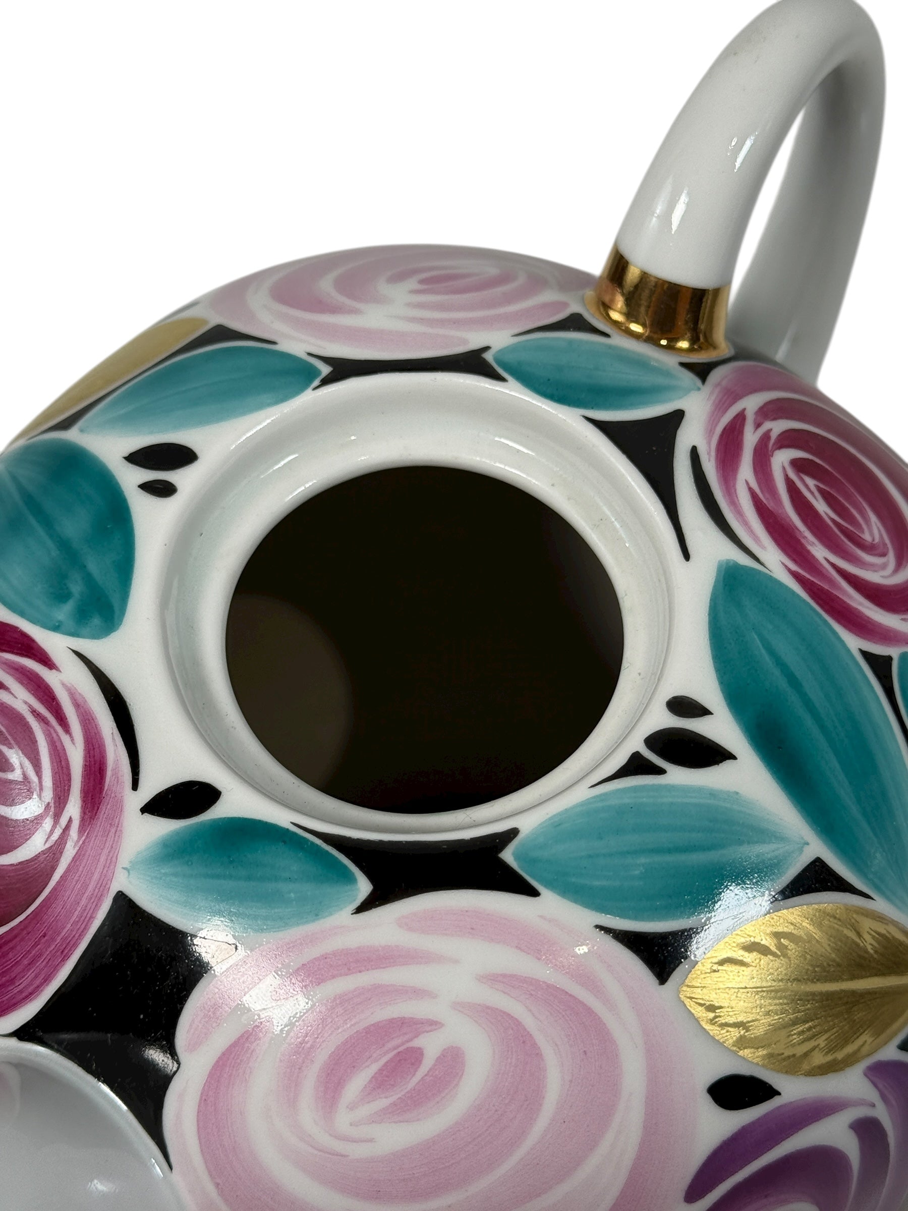 Vintage Lomonosov LFZ 1980s porcelain teapot with hand-painted roses and gold trim. Collectible Soviet-era floral design in excellent condition.