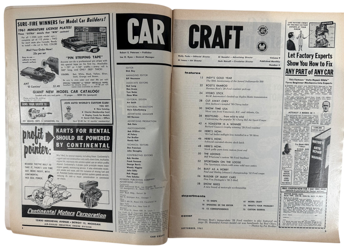 Vintage Car Craft magazine lot Sept 1961 & Sept 1962. Classic hot-rod builds, drag racing, tech tips, custom culture. Great for collectors and garage décor.