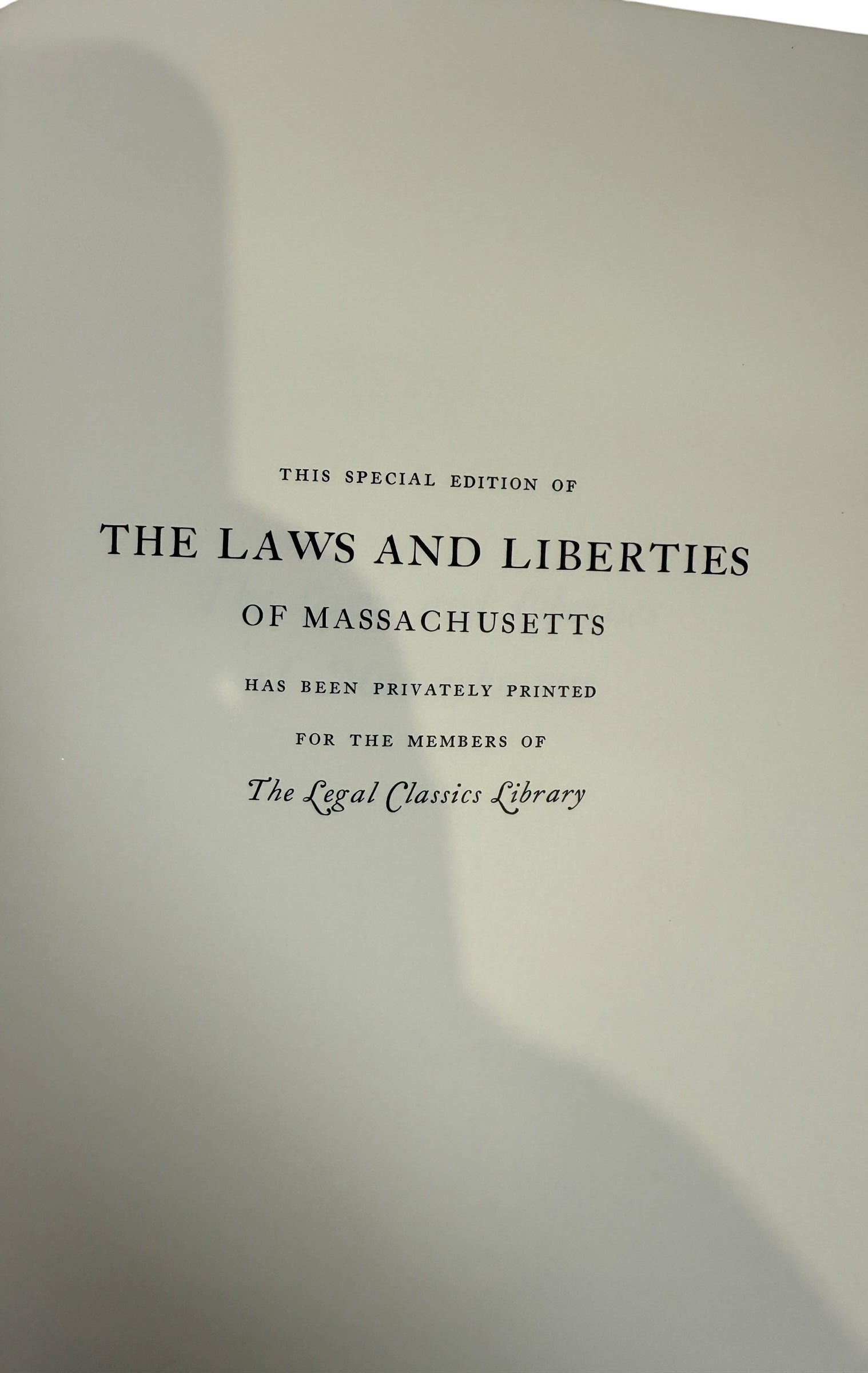 Leatherbound Gryphon Editions Laws and Liberties of Massachusetts. Limited numbered edition with gilt design. Excellent condition for collectors of early American law.