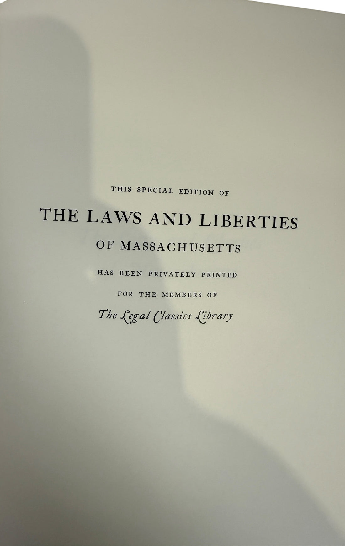 Leatherbound Gryphon Editions Laws and Liberties of Massachusetts. Limited numbered edition with gilt design. Excellent condition for collectors of early American law.