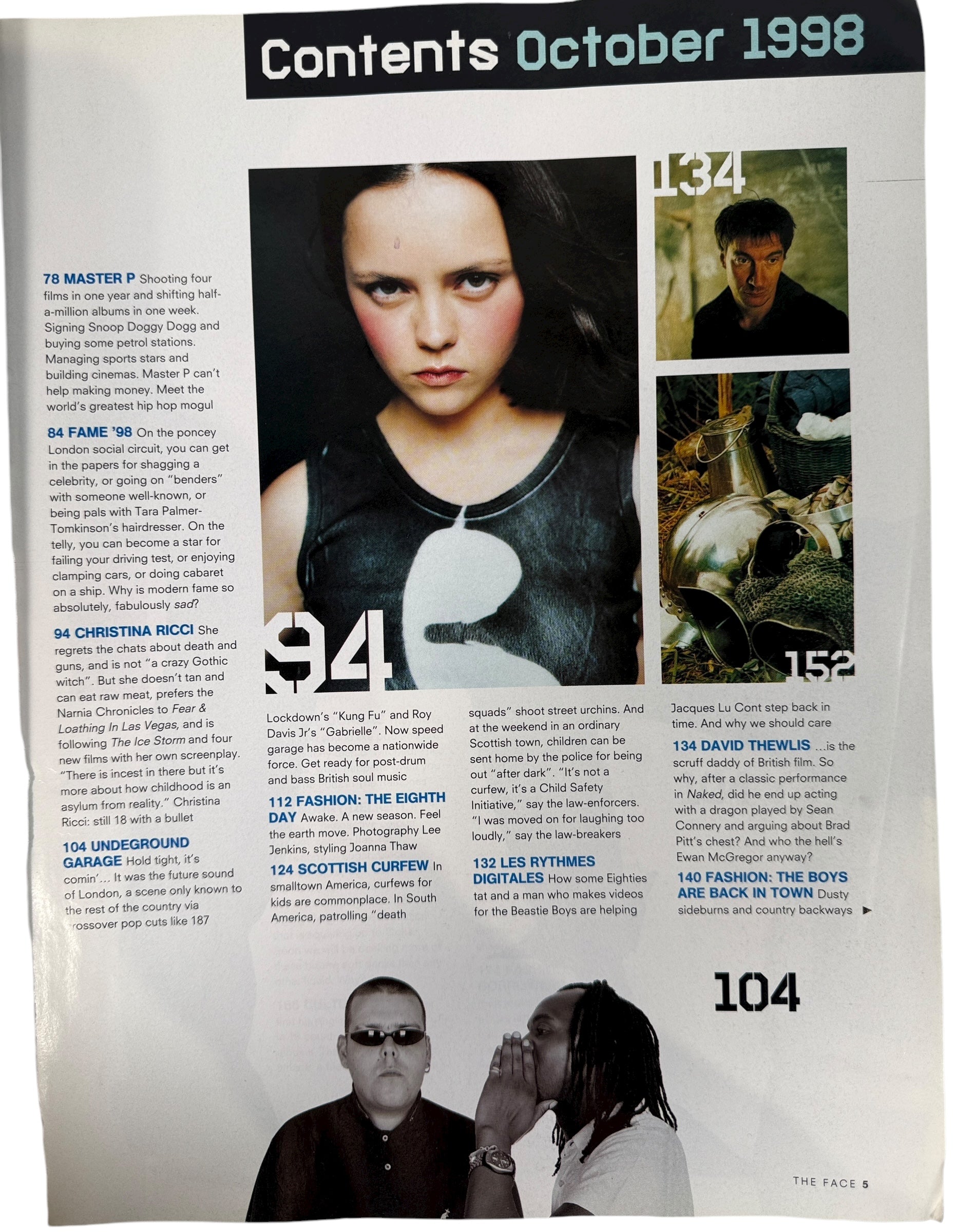 1998 The Face magazine with Christina Ricci “Wicked” cover. VG vintage issue featuring UK Garage, Cassius, Fatboy Slim, Master P, and iconic 90s ads.