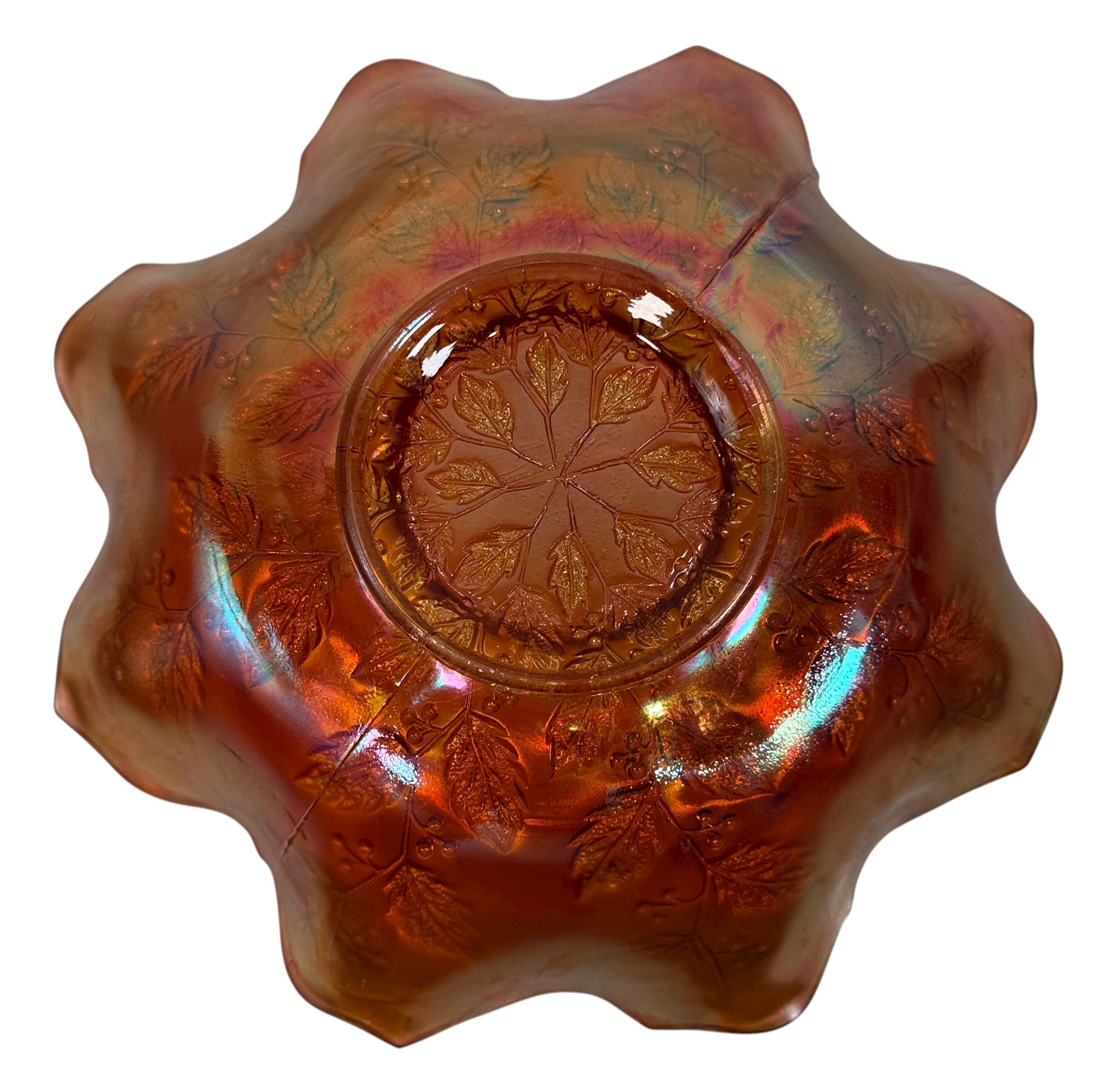 Vintage Fenton marigold carnival glass bowl in Leaf &amp; Berry pattern with ruffled edge. Strong iridescence, early 1900s American glass. VG condition.