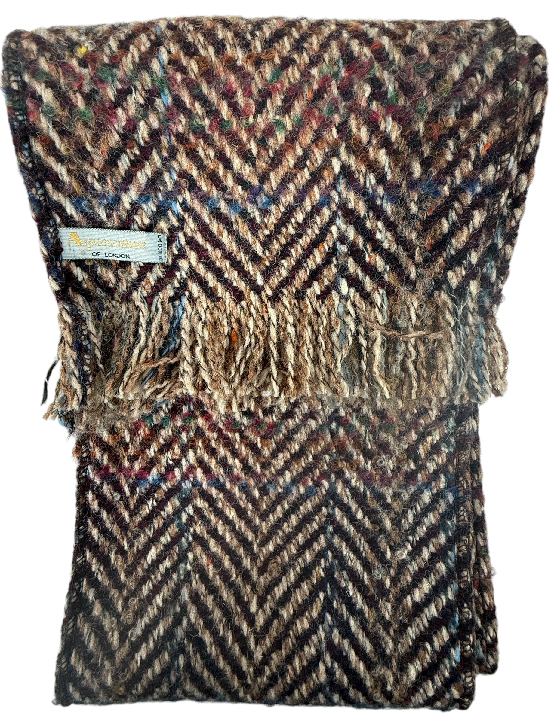 Vintage Aquascutum wool scarf with tweed herringbone weave and fringe. Quality British winter accessory in good condition. Ships from Canada.
