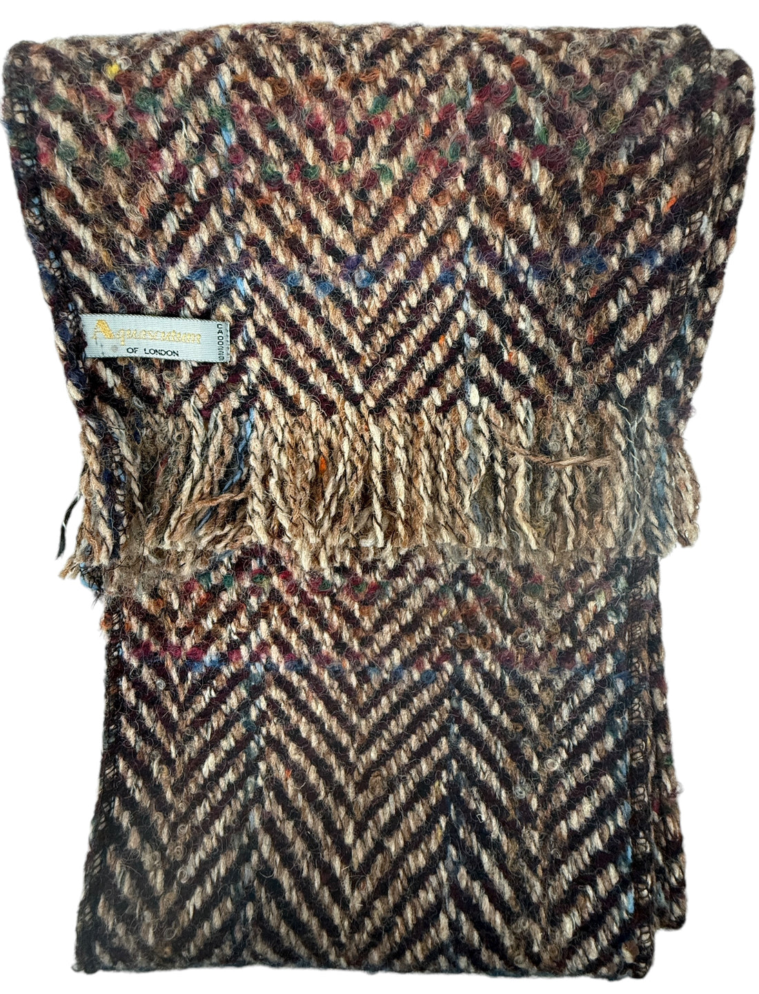 Vintage Aquascutum wool scarf with tweed herringbone weave and fringe. Quality British winter accessory in good condition. Ships from Canada.