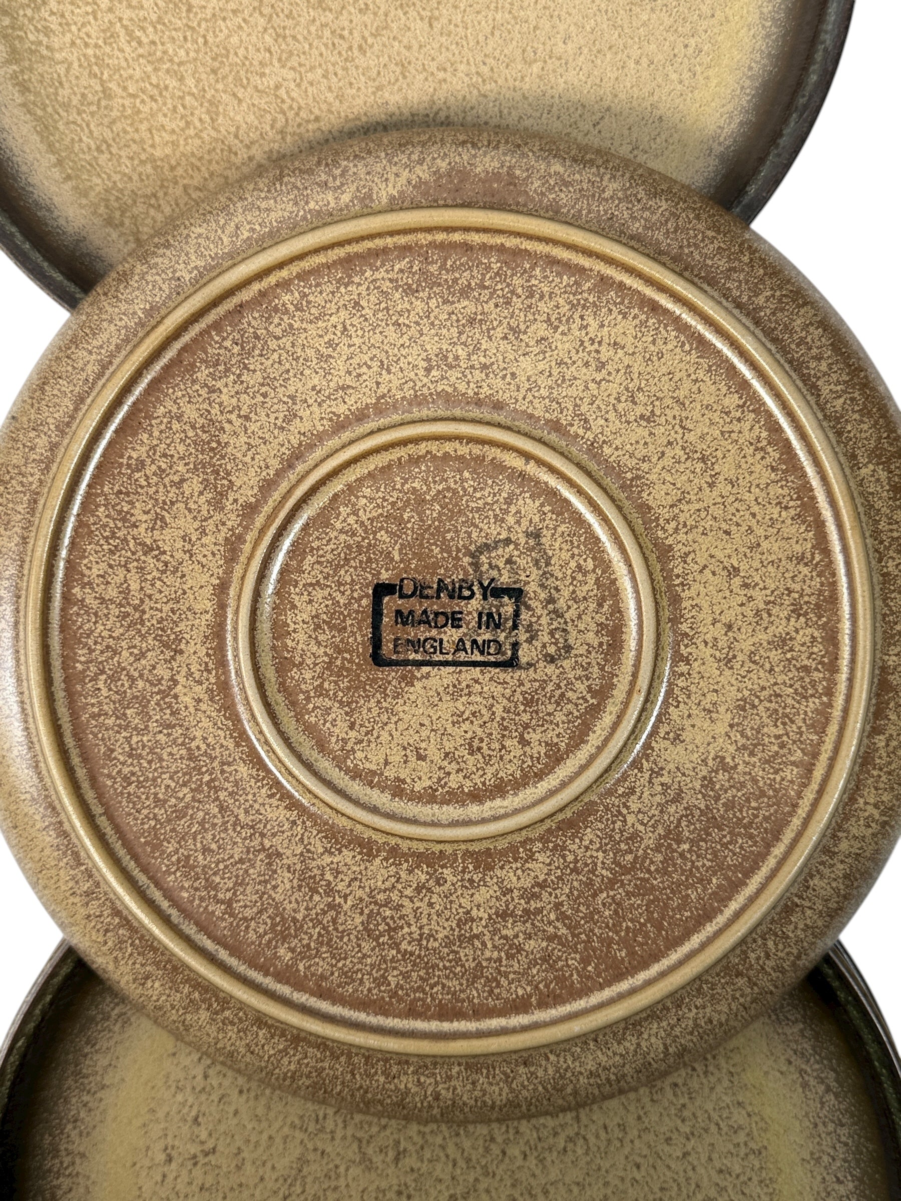 Vintage Denby England stoneware tea set, 10-piece matching speckled beige collection. Cups, saucers, plates, creamer, sugar bowl. Durable and collectible.