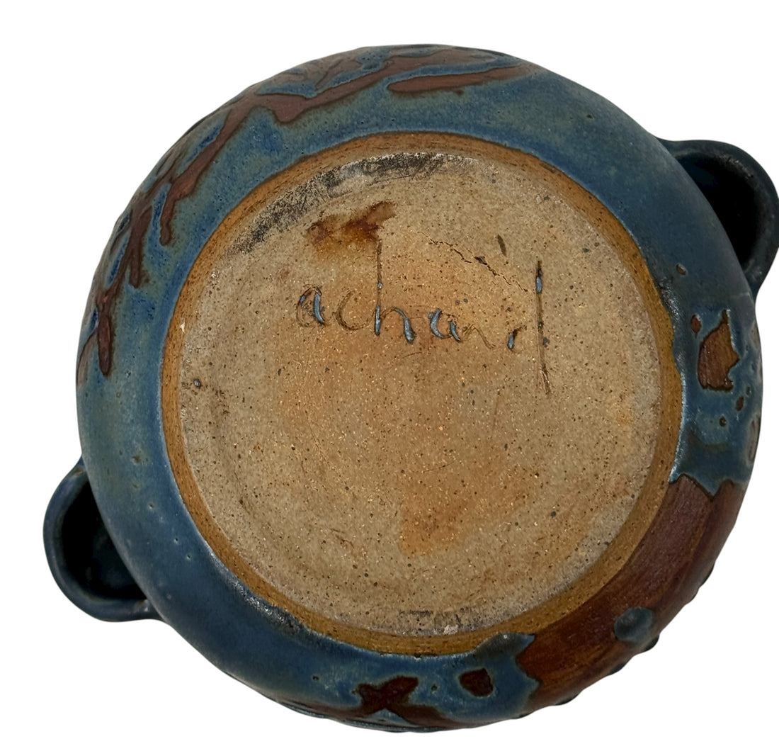 Handmade Québec studio pottery set signed Achard. Includes carved casserole with lid and six blue bowls. Vintage artisan ceramic tableware in excellent condition.