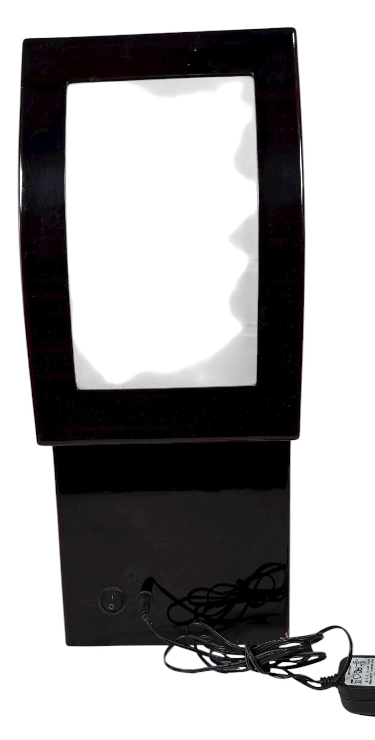 Working dual automatic watch winder in piano black lacquer with storage, display lid, and AC adaptor. Clean, functional, and perfect for protecting your watches.