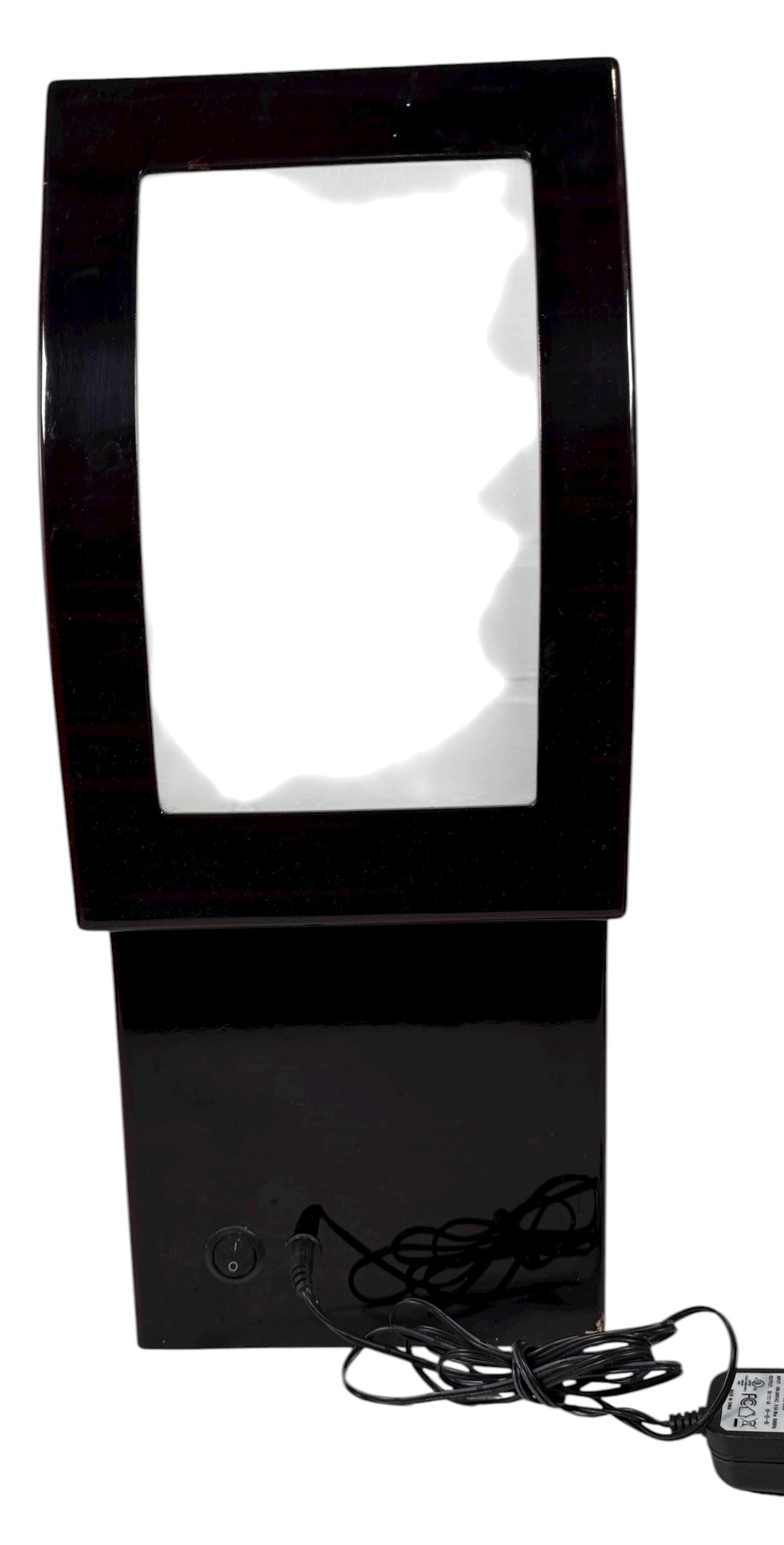 Working dual automatic watch winder in piano black lacquer with storage, display lid, and AC adaptor. Clean, functional, and perfect for protecting your watches.