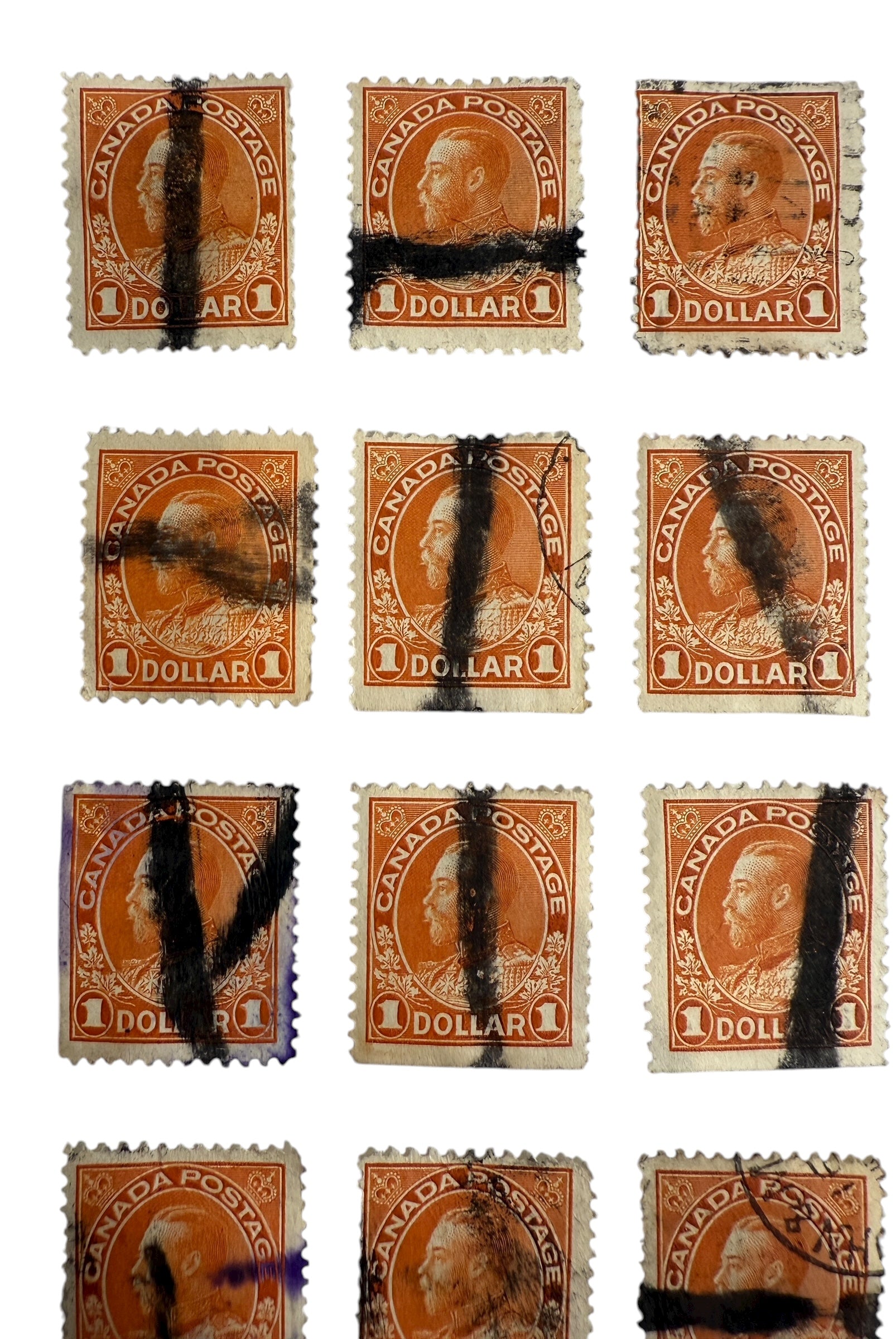 Three complete sheets (120 total) of Canada Scott #122 $1 King George V stamps with fiscal pen cancels. Early 1900s revenue history. Great collector value.